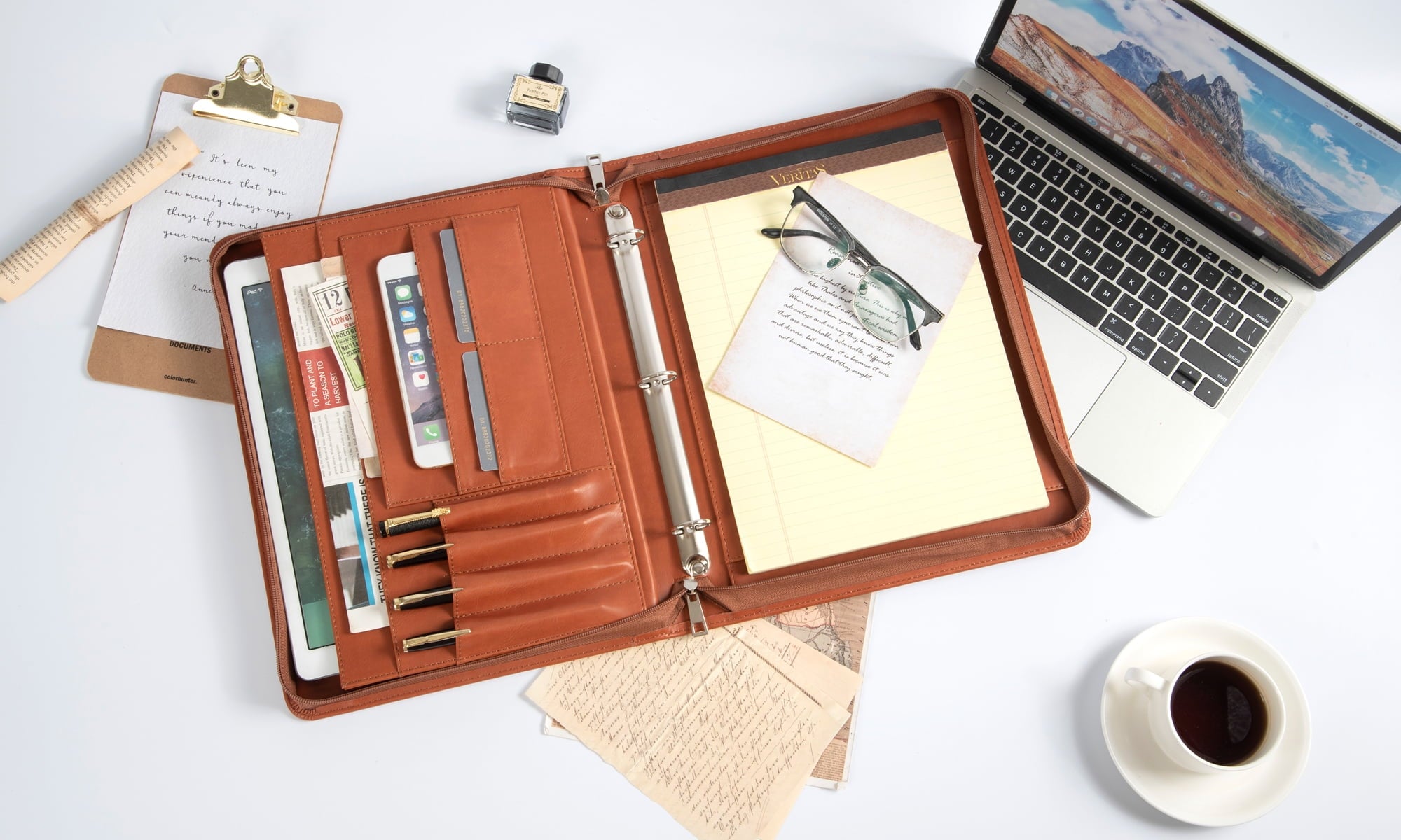 LeatherBelief Portfolio 3 Rings Binder,Zipper PU Leather Padfolio, Business Organizers with A4 Legal Pads, Gift for Him, Brown - Image 3
