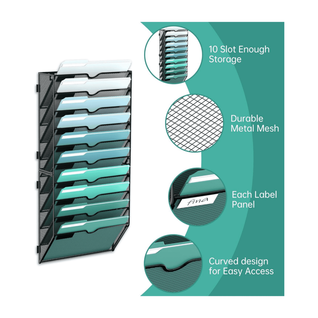 10-Tier Metal Mesh Wall File Organizer, Hanging Paper Organization, Black, Screw Mount - Image 4
