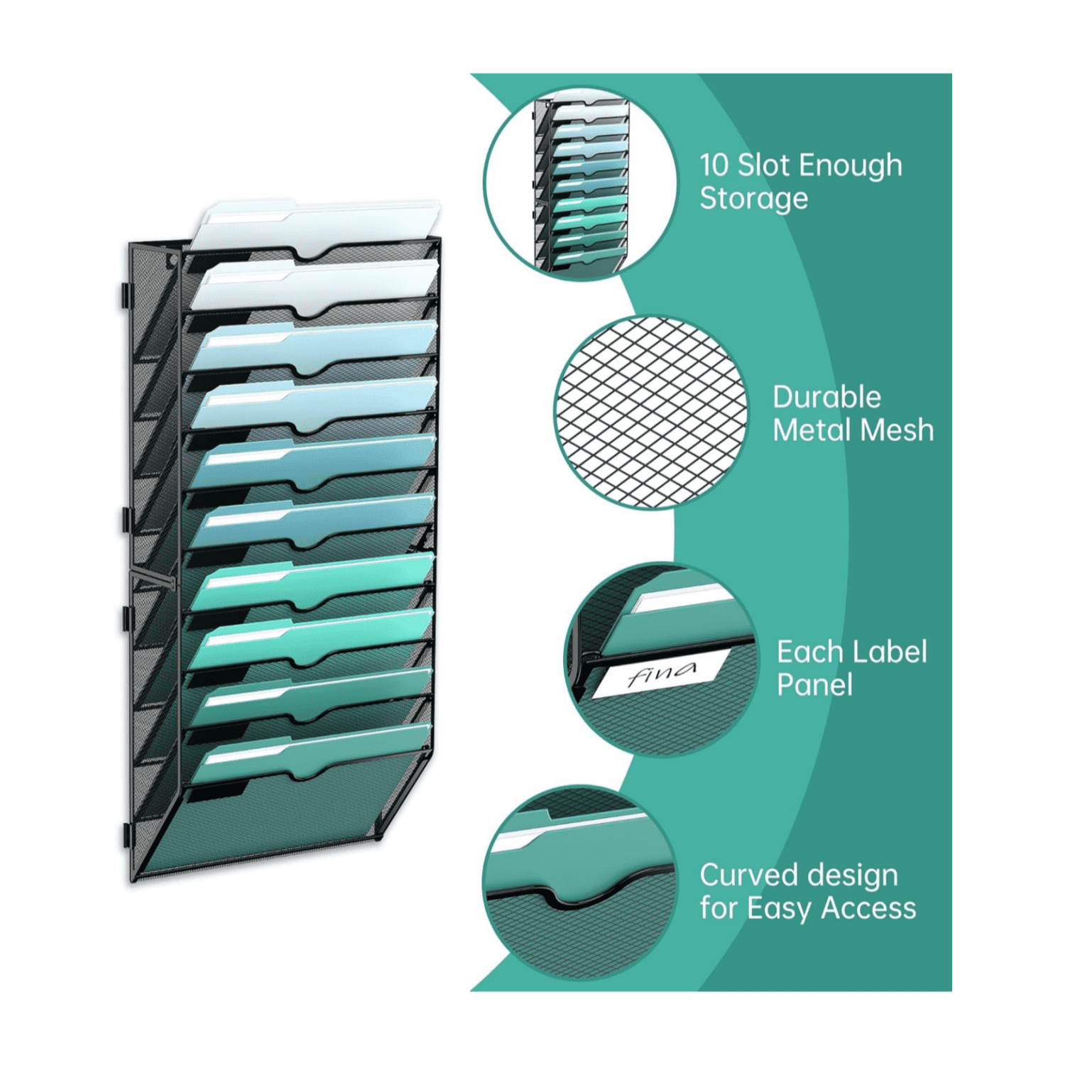 10-Tier Metal Mesh Wall File Organizer, Hanging Paper Organization, Black, Screw Mount - Image 4