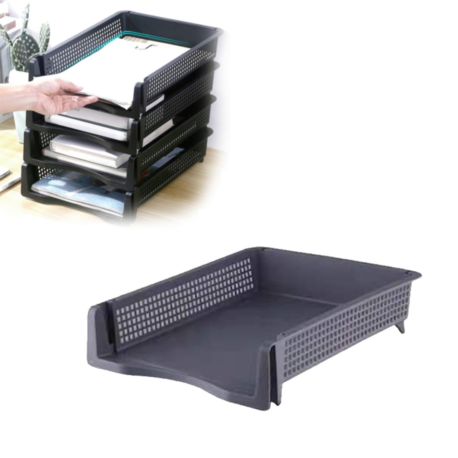 1-Pack Black Plastic Stackable Paper Tray/Basket, Stackable Office Letter Organizer Desk Tray A4 Size Plastic Paper S... - Image 2