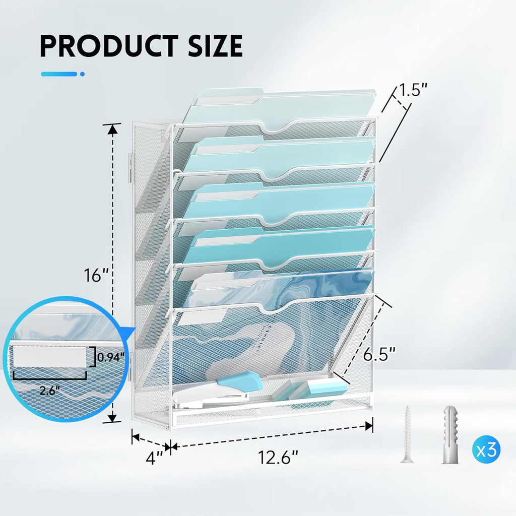 6-Tier Metal Wall File Organizer, Wall Mounted Paper Organizer, White, Assemble - Image 6