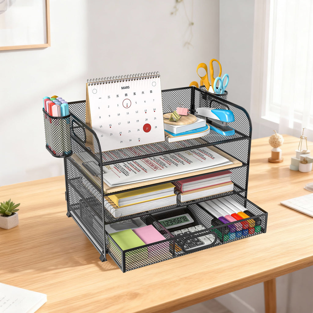 Desk Organizer, Mesh Desktop Organizer for Office, 4-Tier Paper Letter File Organizers with 2 Pen Holder, Black - Image 6