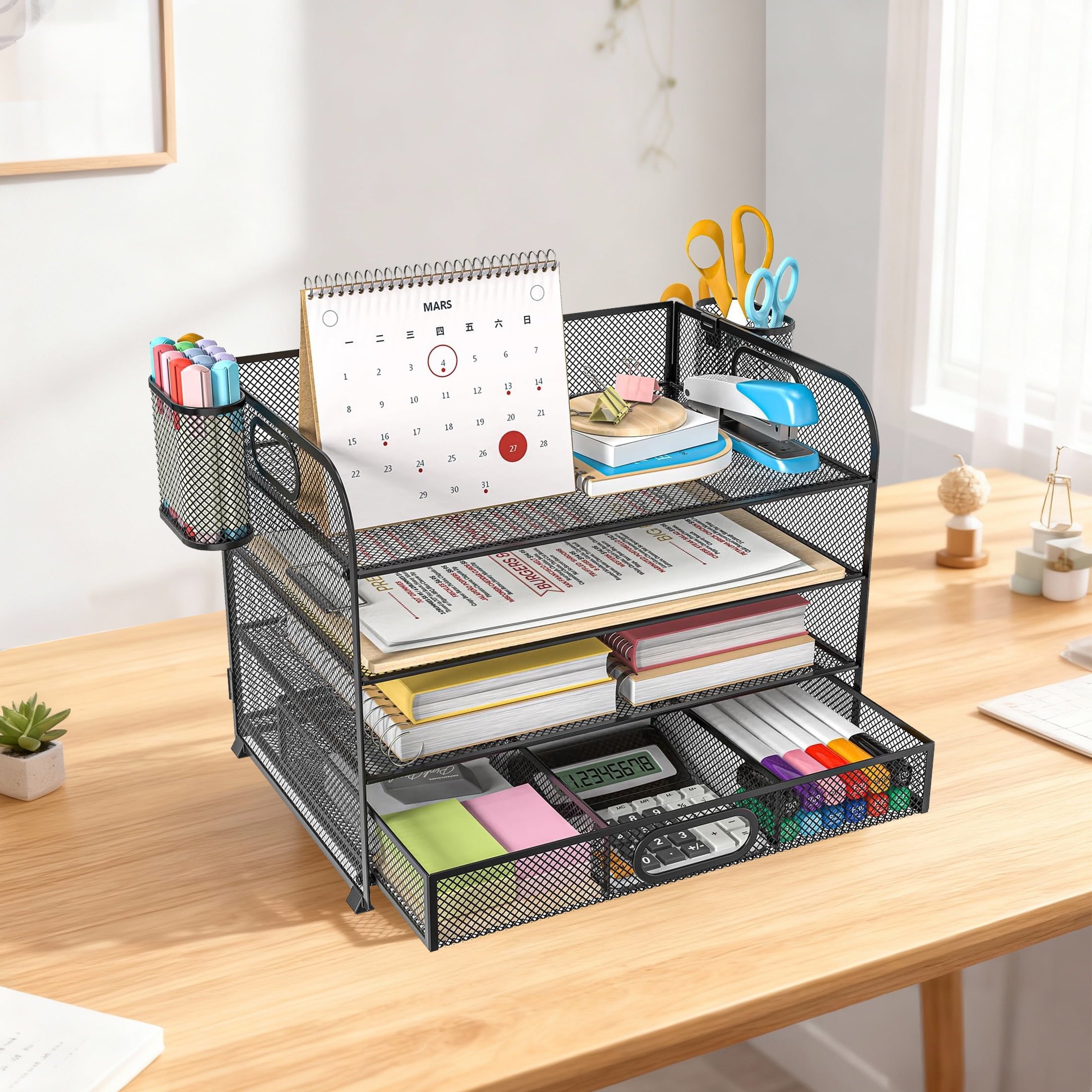 Desk Organizer, Mesh Desktop Organizer for Office, 4-Tier Paper Letter File Organizers with 2 Pen Holder, Black - Image 6