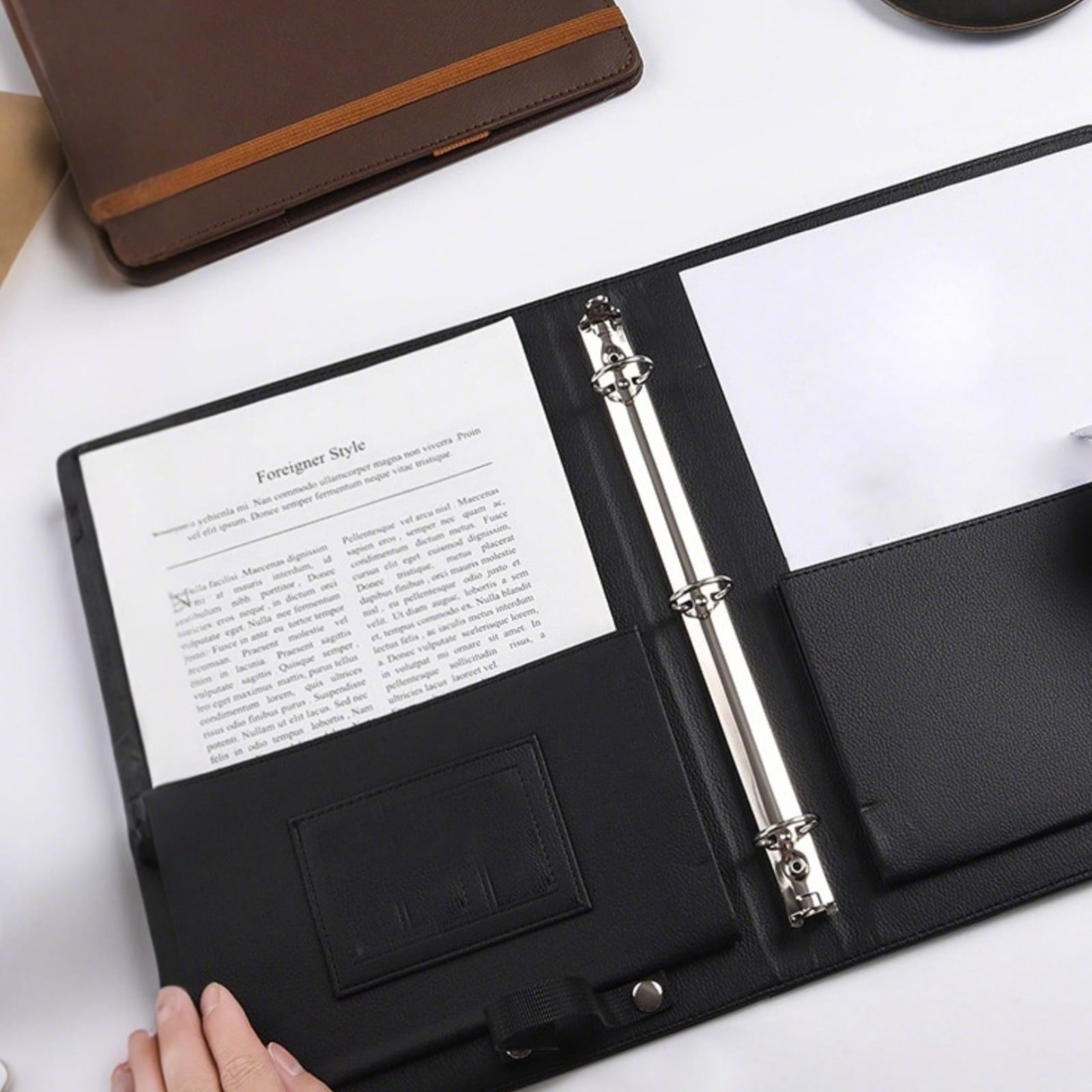 Black Holder, A4 Folder, Leather Three-Ring Binder, Multi-Pocket Design with Elastic Closure, Convenient for - Image 2