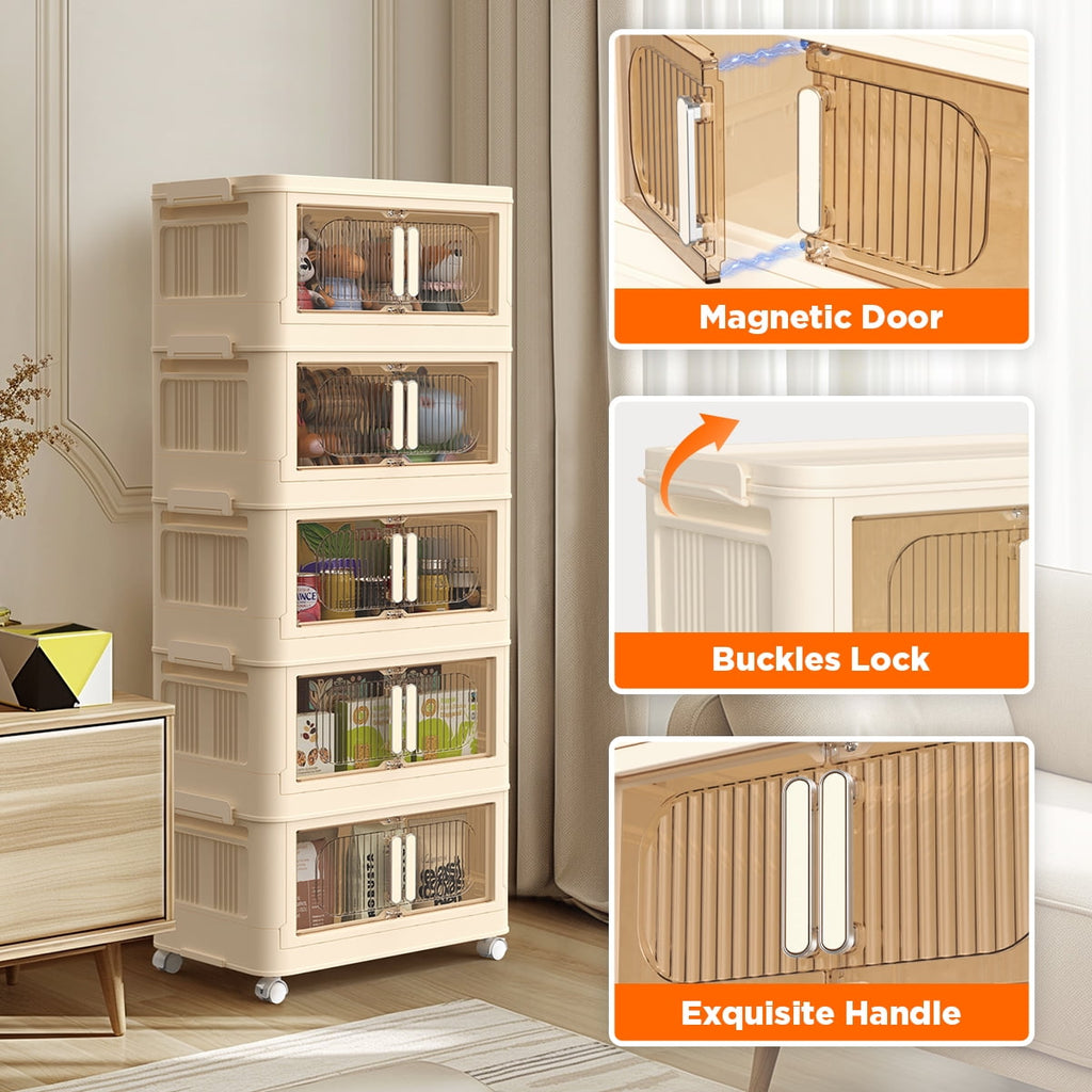 TNTANTS 5 Tiers Stackable Storage Bins with Wheels, Magnetic Dual Open Collapsible Storage Container with Lids, 125QT Folding Storage Box Bi - Image 5