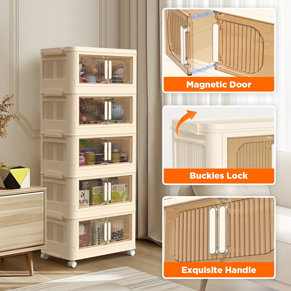 TNTANTS 5 Tiers Stackable Storage Bins with Wheels, Magnetic Dual Open Collapsible Storage Container with Lids, 125QT Folding Storage Box Bi - Image 5