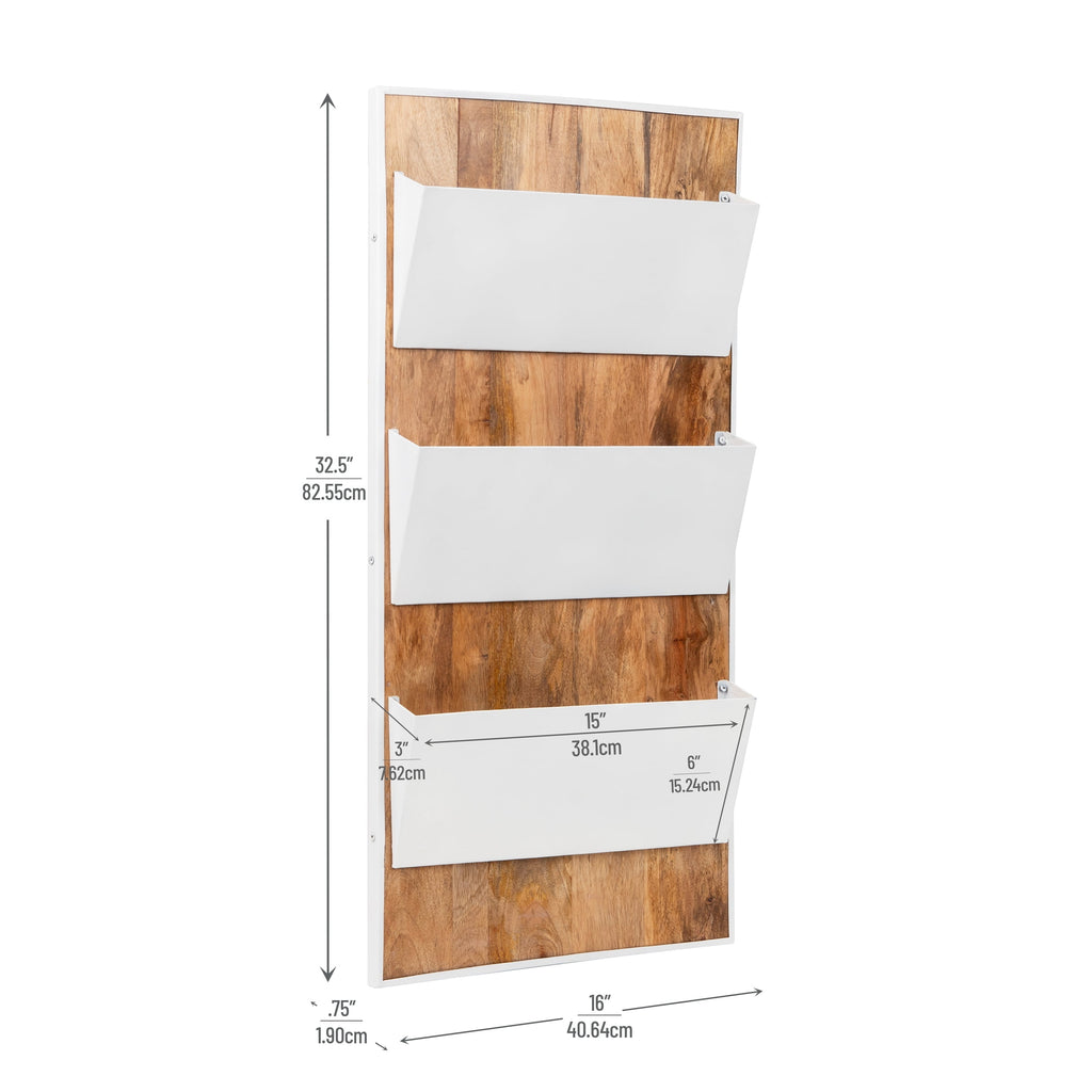 3-Tier Wall-Mounted File Organizer, Wood and Metal Vertical Rack for Mail, Magazines, and Documents, Metal, Wood, White - Image 3