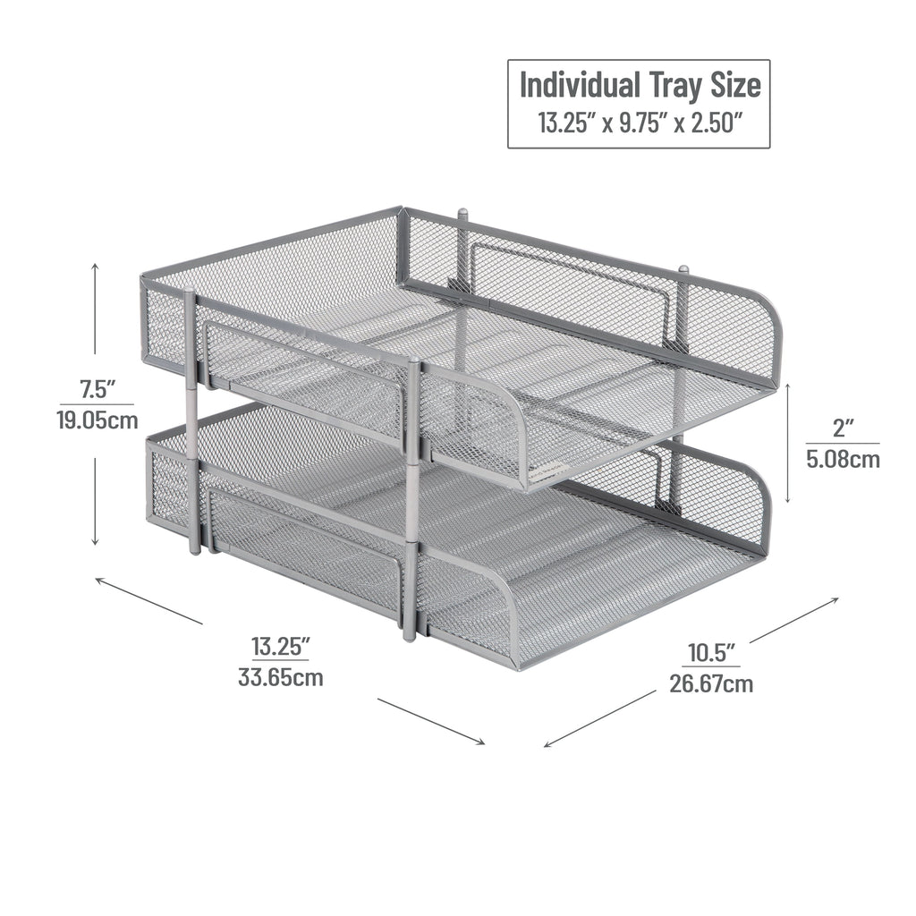 Stackable Paper Tray, Desktop Organizer, File Storage, Office, Metal Mesh, 2 Pcs, White - Image 3