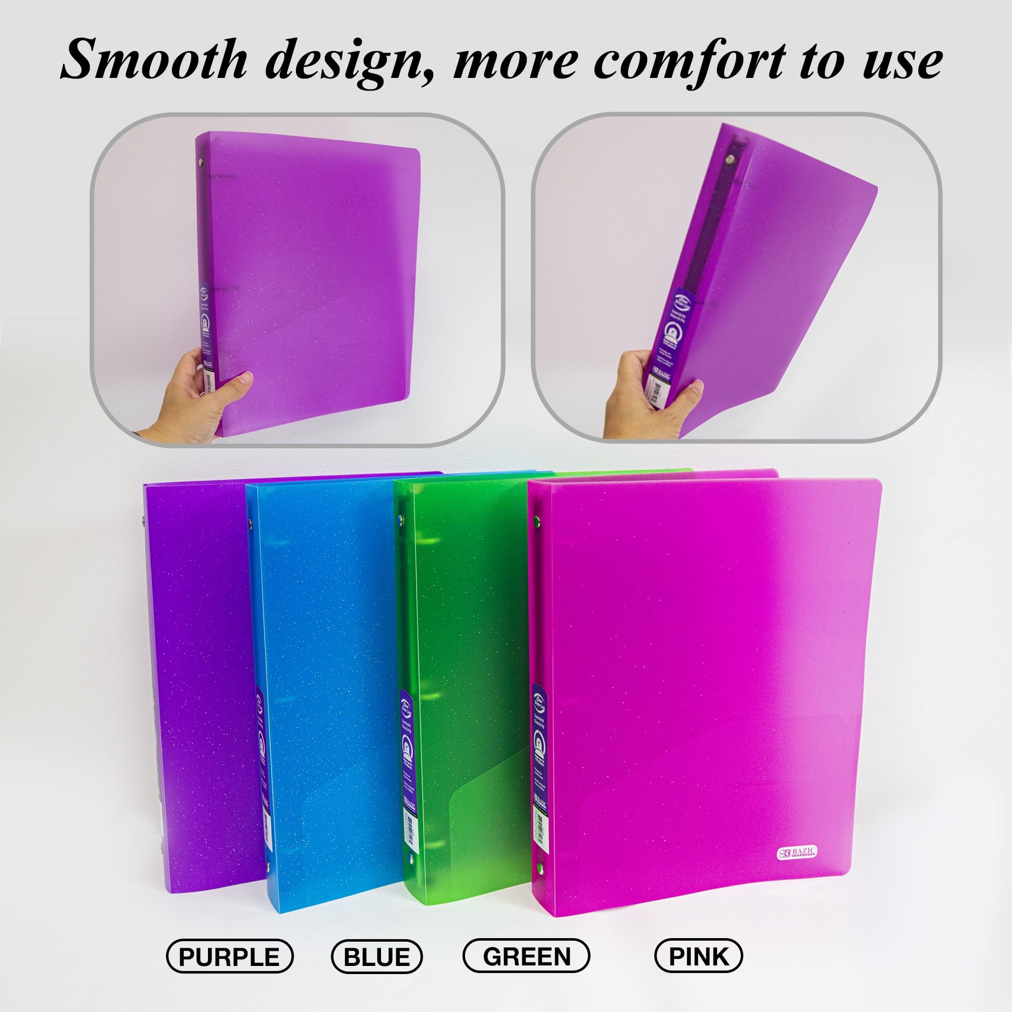 BAZIC 3 Ring Binder 1" Poly Binders Glitter Color Soft Cover, 175 Sheets, 4-Count - Image 4