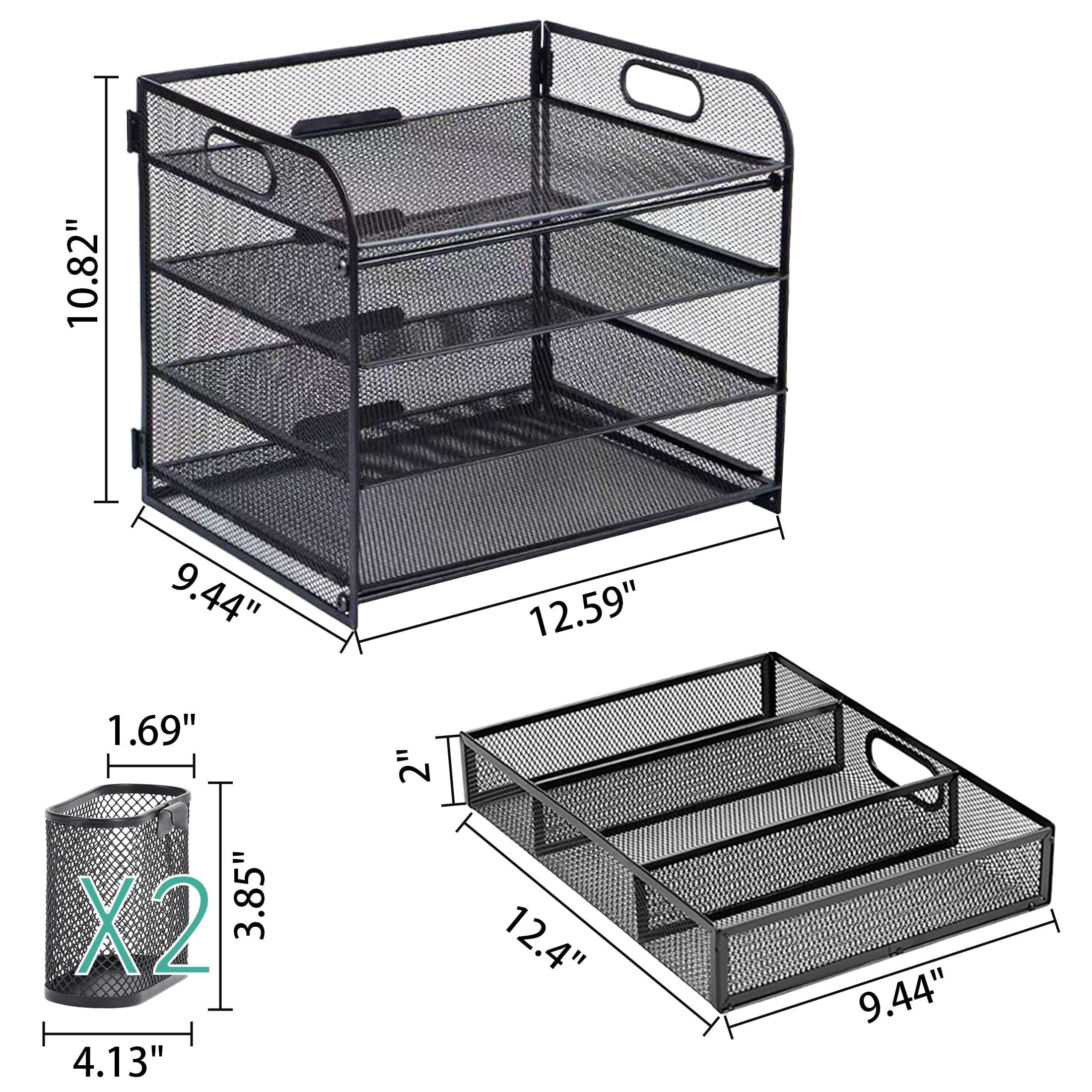 Desk Organizer, Mesh Desktop Organizer for Office, 4-Tier Paper Letter File Organizers with 2 Pen Holder, Black - Image 2