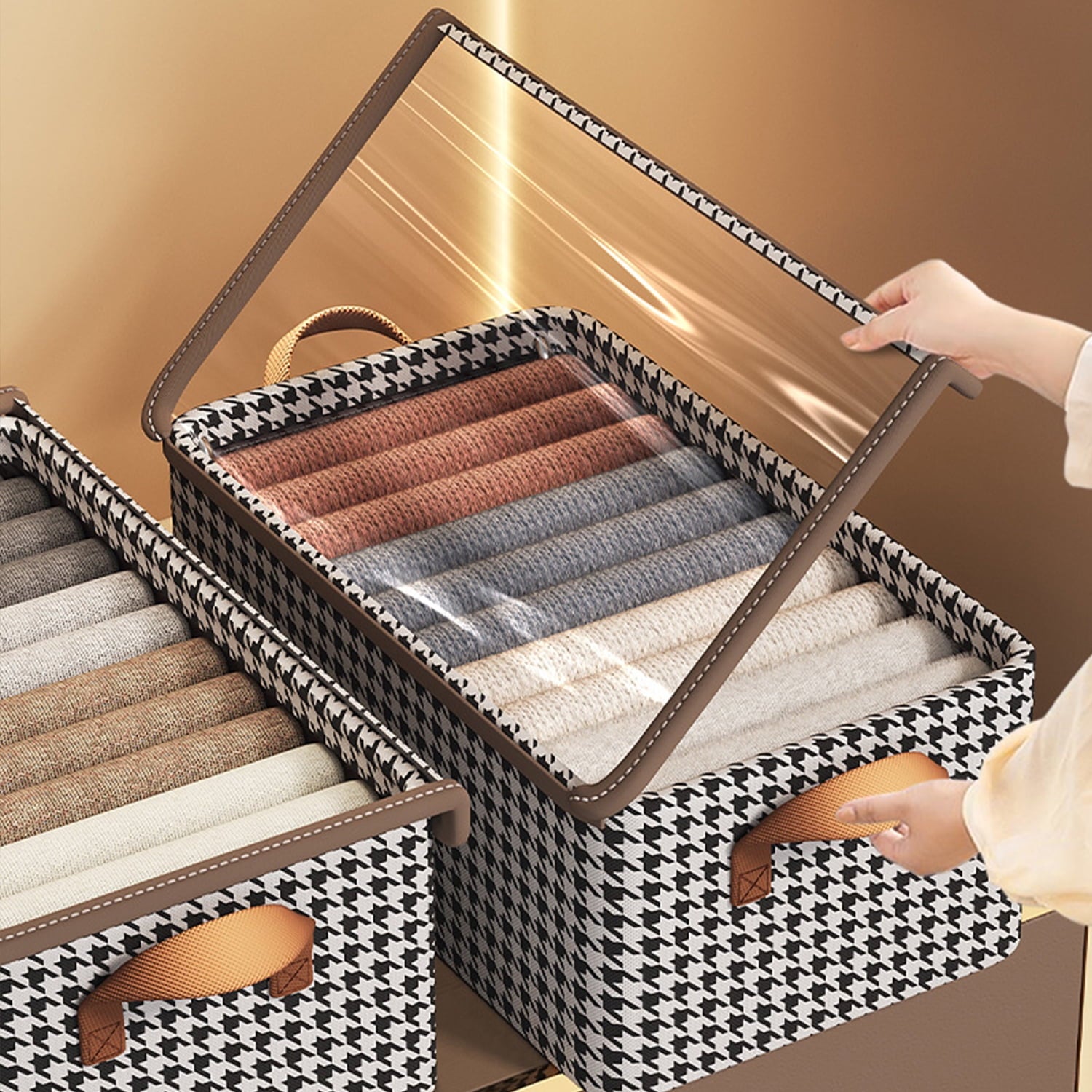 3 Pack Fabric Storage Bins with Lids, Wardrobe Storage Organiser, Stackable Storage Bin, Foldable Storage Baskets wit... - Image 6