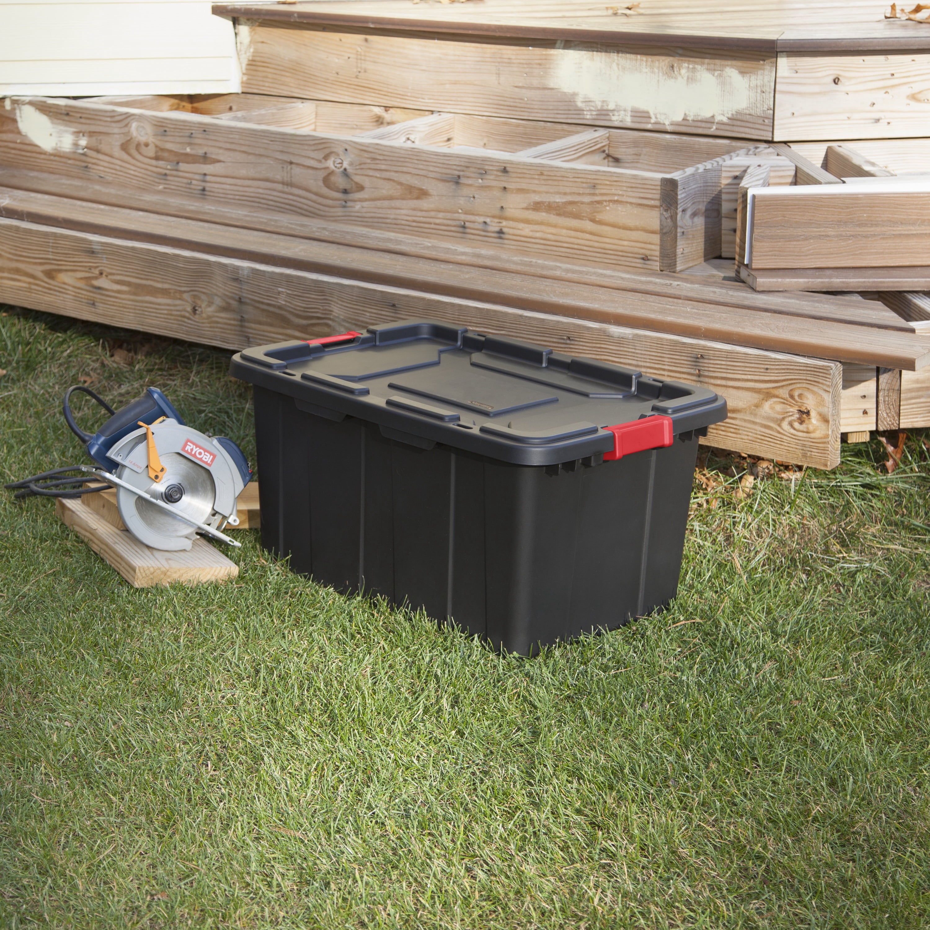 Large Storage Bin, 27 Gallon Rugged Industrial Plastic Storage Tote with Latch Lid, Black, 4 Pack - Image 4