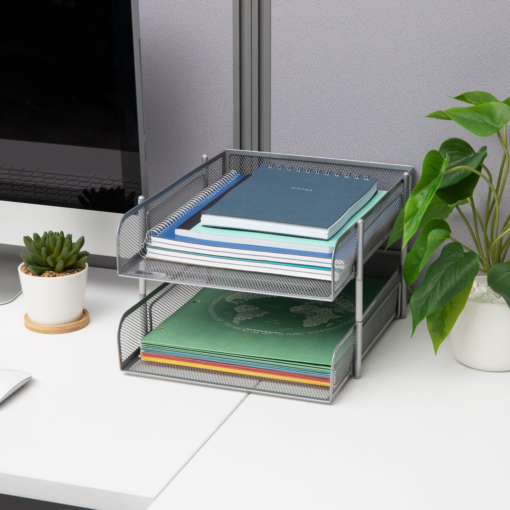 Stackable Paper Tray, Desktop Organizer, File Storage, Office, Metal Mesh, 2 Pcs, White - Image 5