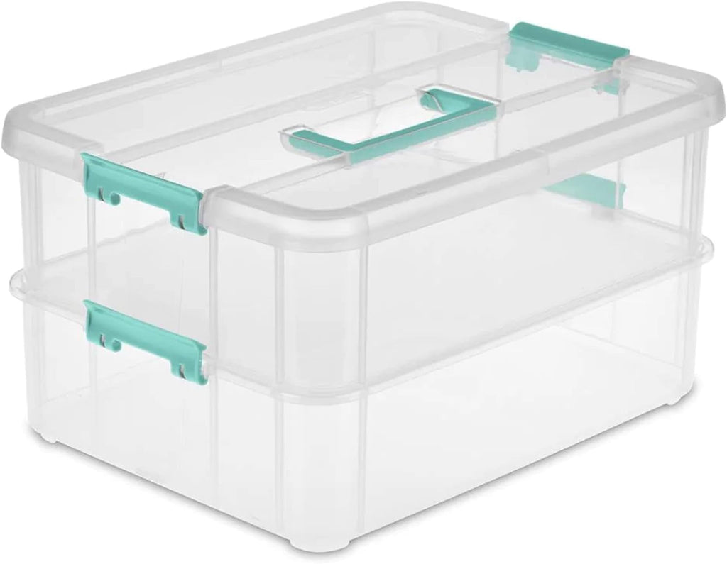 Stack and Carry 2 Layer Handle Box  Stackable Plastic Small  Container with Latching Lid  Bin to  Crafts  Clear  4-Pack - Image 2