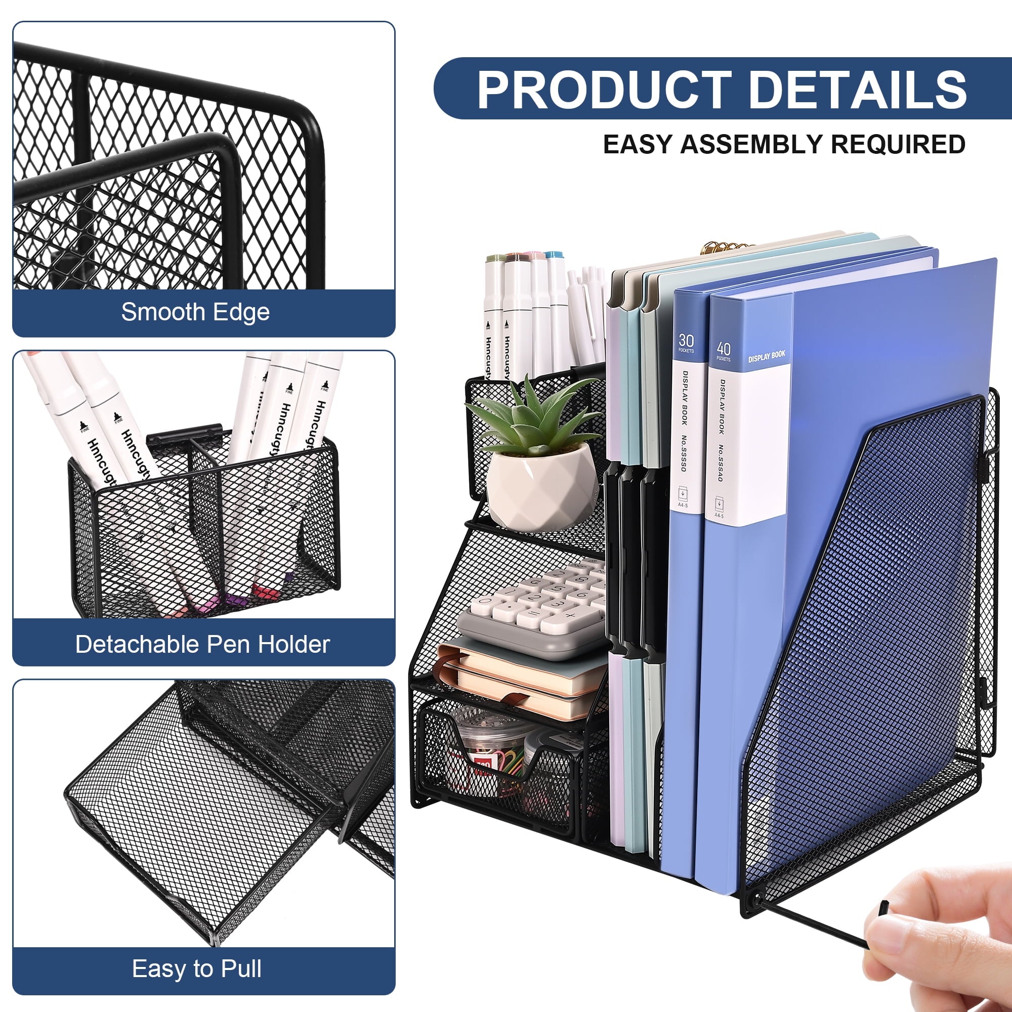 for with 2-Tier Paper Letter Tray, Drawer and 2 Pen Holder, Mesh top Organization with Magazine Holder for Office Sup... - Image 4