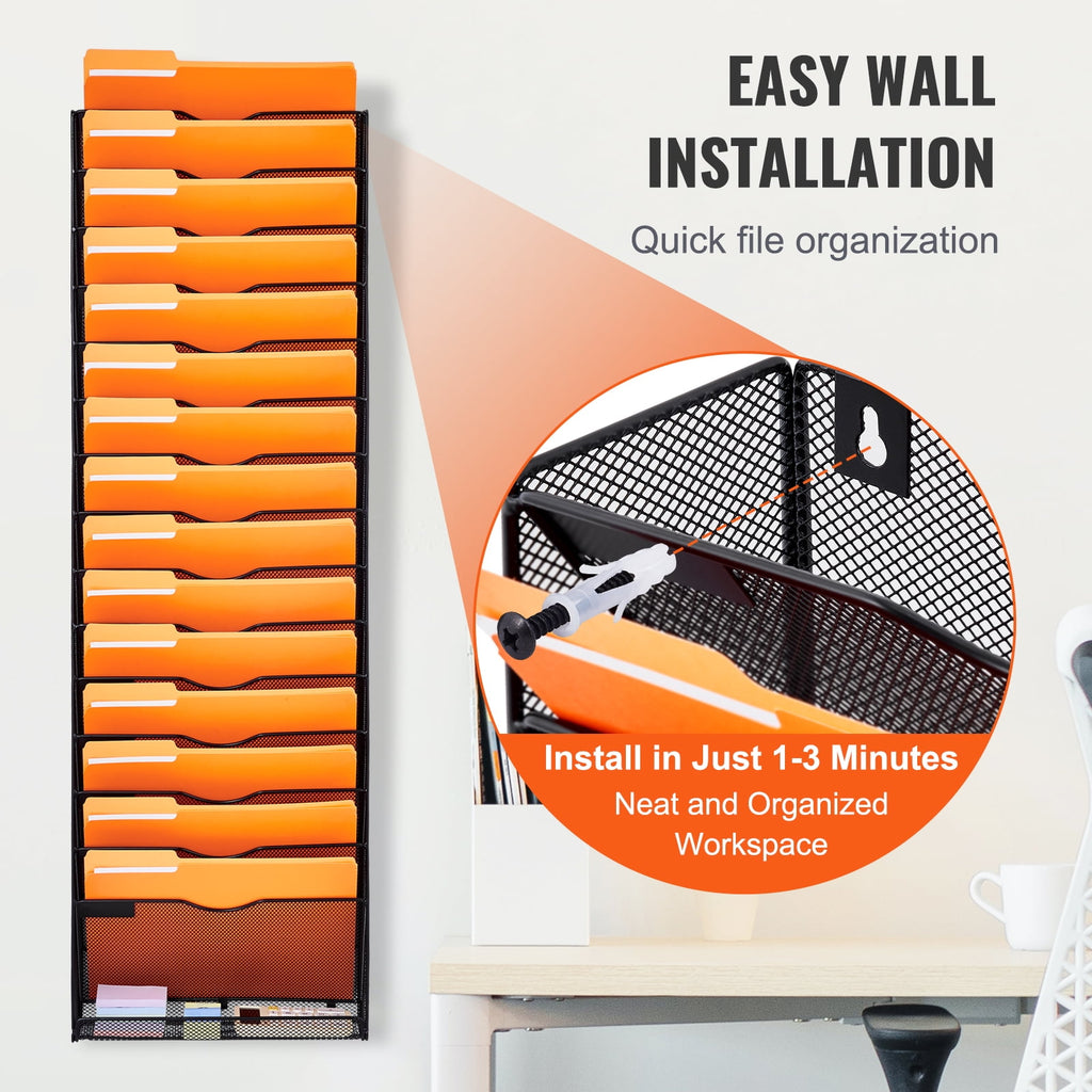 KFFKFFWall File Rack, 16-Slot Single Piece Mesh Organizer, Wall-Hanging Magazine, Mail, Paper & Document Holder, Metal Storage with Label Ta - Image 6