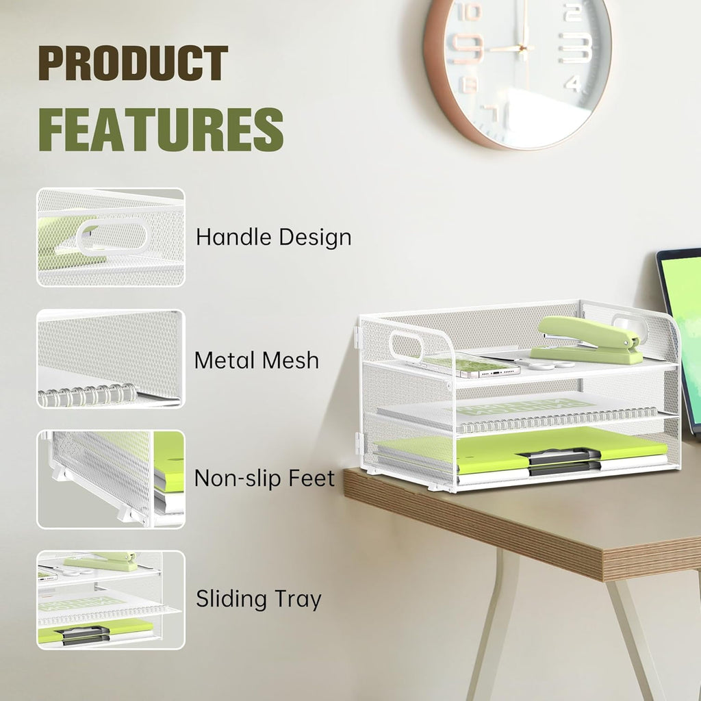3 Tier Paper Tray Organizer, Mesh Desktop File Organizer with Handles - Image 4