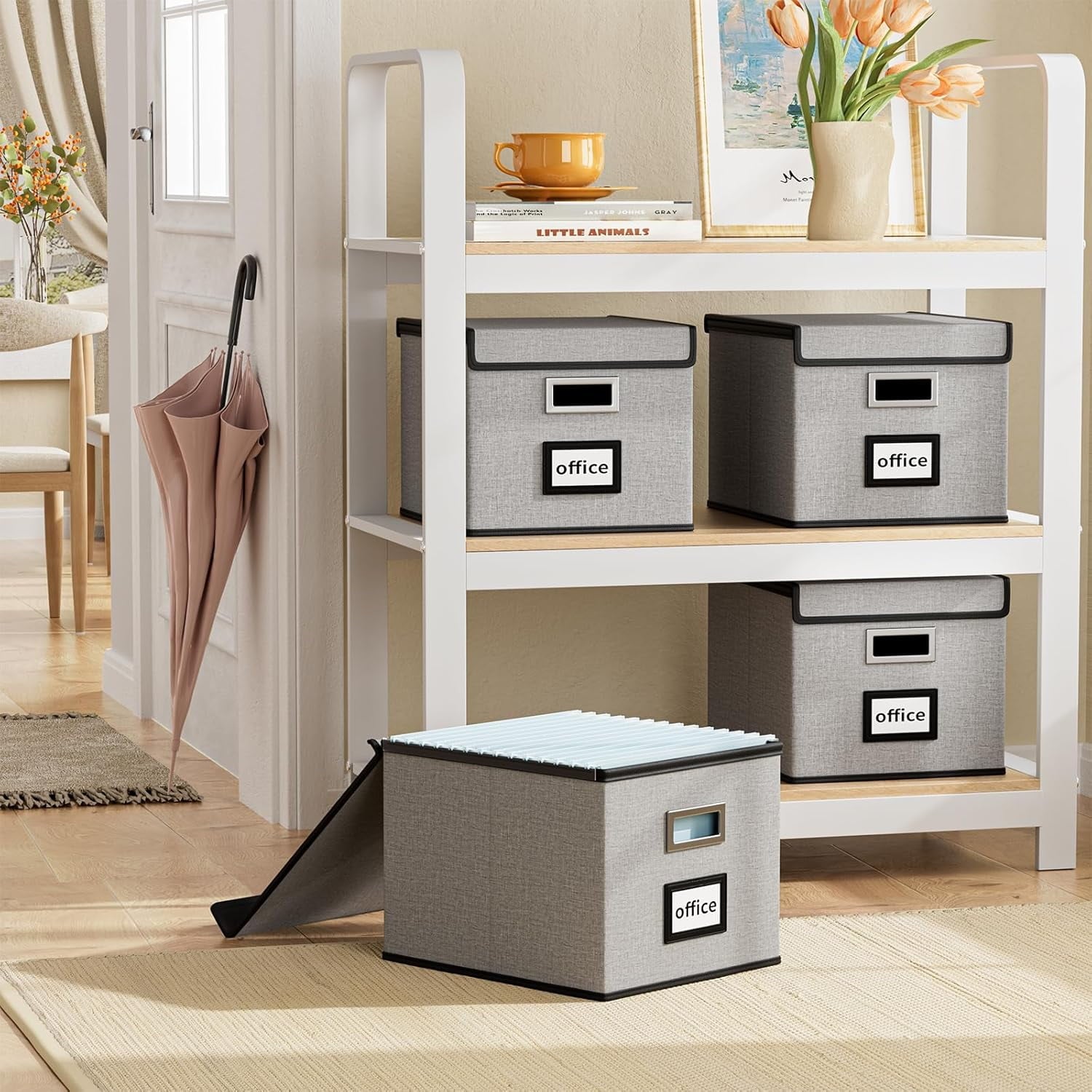 Gijjgole Collapsible Portable File Organizer Box with Lids, Linen Hanging Filing Storage Boxes with Plastic Slide (Gray) - Image 3