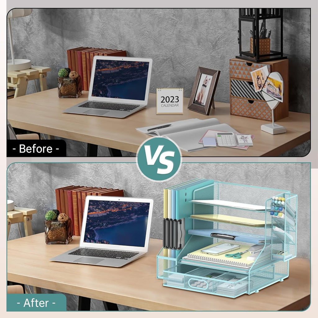 INTIGE Paper Organizer for Desk with 3 Pen Holders, 5-Tier Desk Organizer Tray with Handles, Metal File Organizer Storage - Image 6