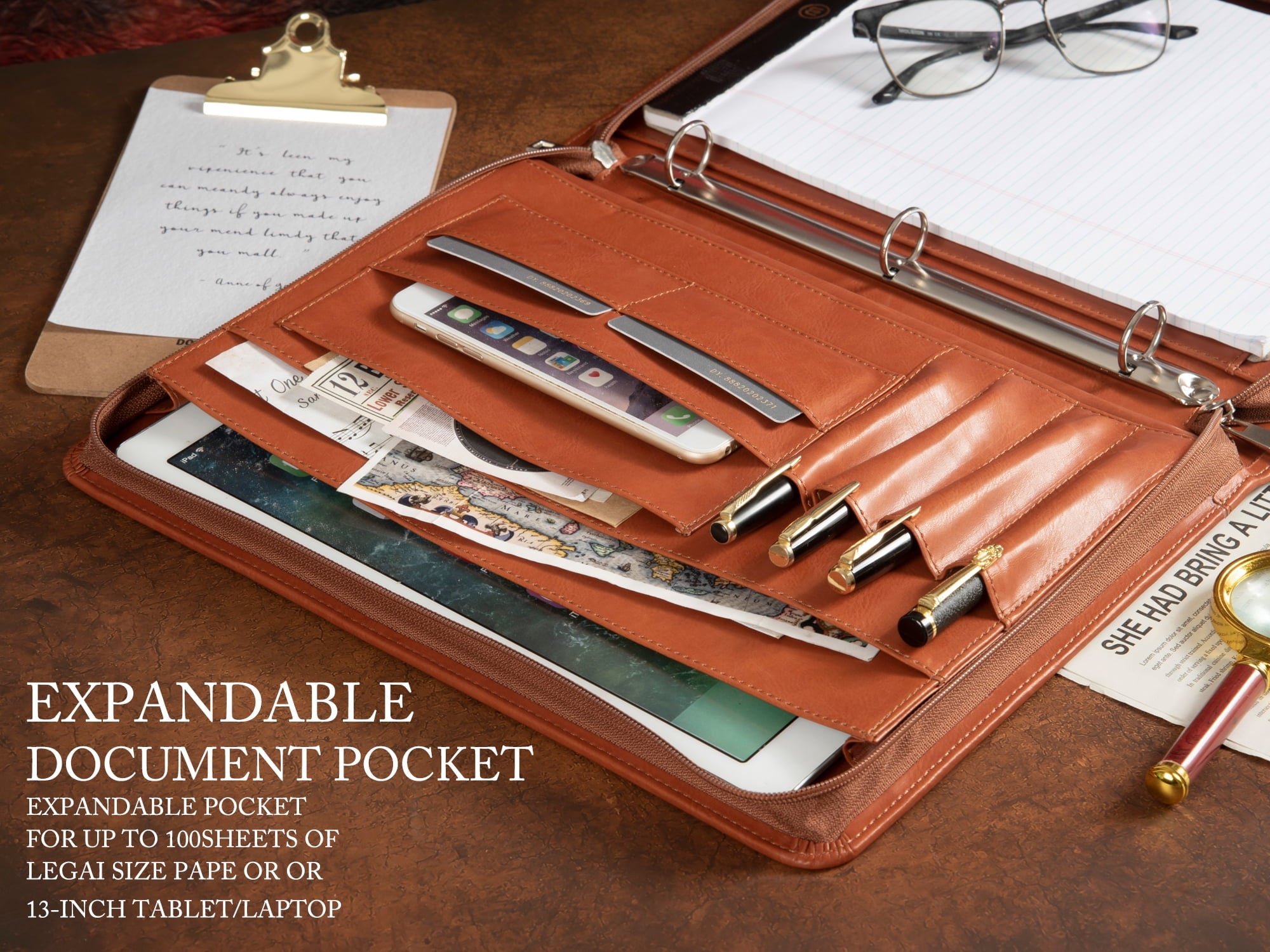 LeatherBelief Portfolio 3 Rings Binder,Zipper PU Leather Padfolio, Business Organizers with A4 Legal Pads, Gift for Him, Brown - Image 2