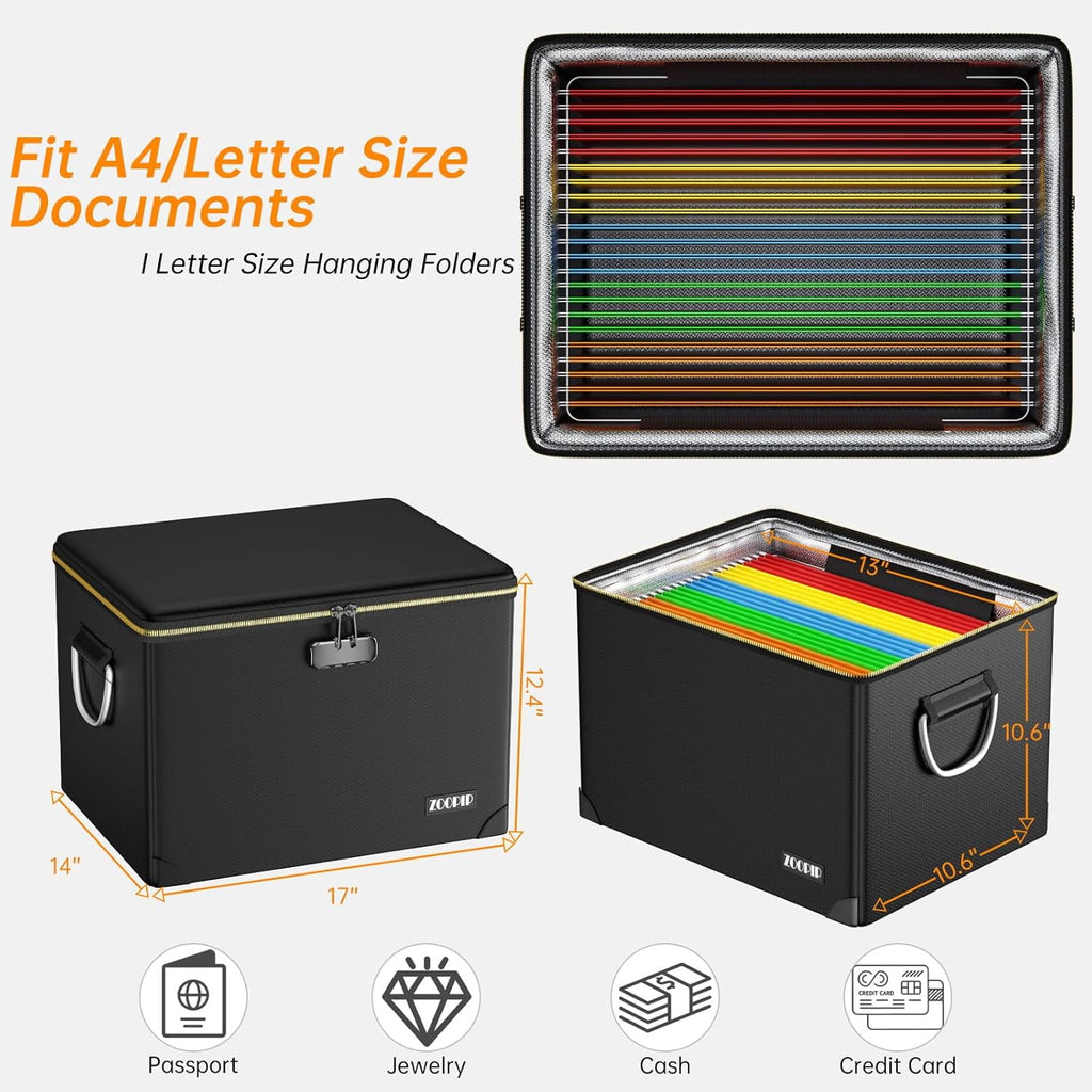 Fireproof Document Box Hard  File Organizer with Lock Portable Office Safe Storage for Valuables Black - Image 4
