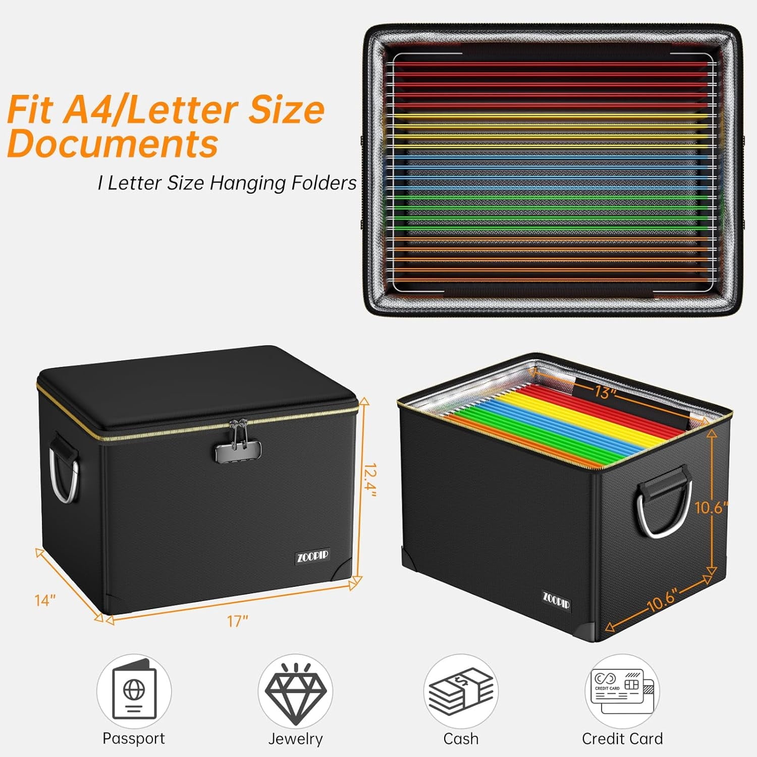 Fireproof Document Box Hard  File Organizer with Lock Portable Office Safe Storage for Valuables Black - Image 4