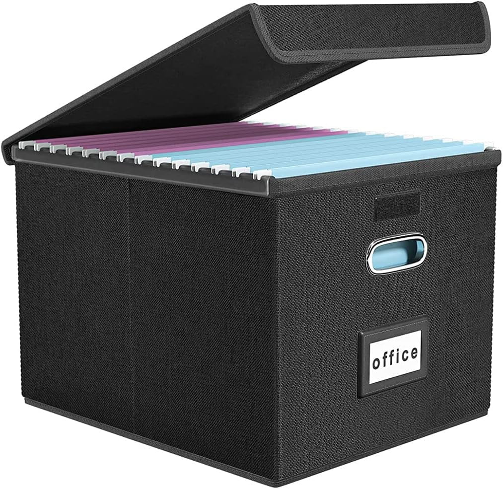 File Box, Foldable File Organiser Box with Lid, Foldable Fabric Hanging Filing Box with Plastic Slide for Home Storag...