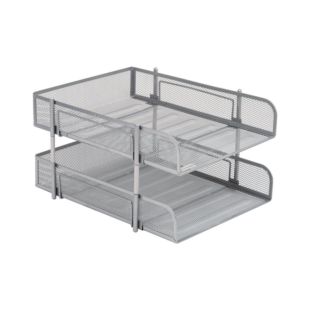 Stackable Paper Tray, Desktop Organizer, File Storage, Office, Metal Mesh, 2 Pcs, White - Image 4