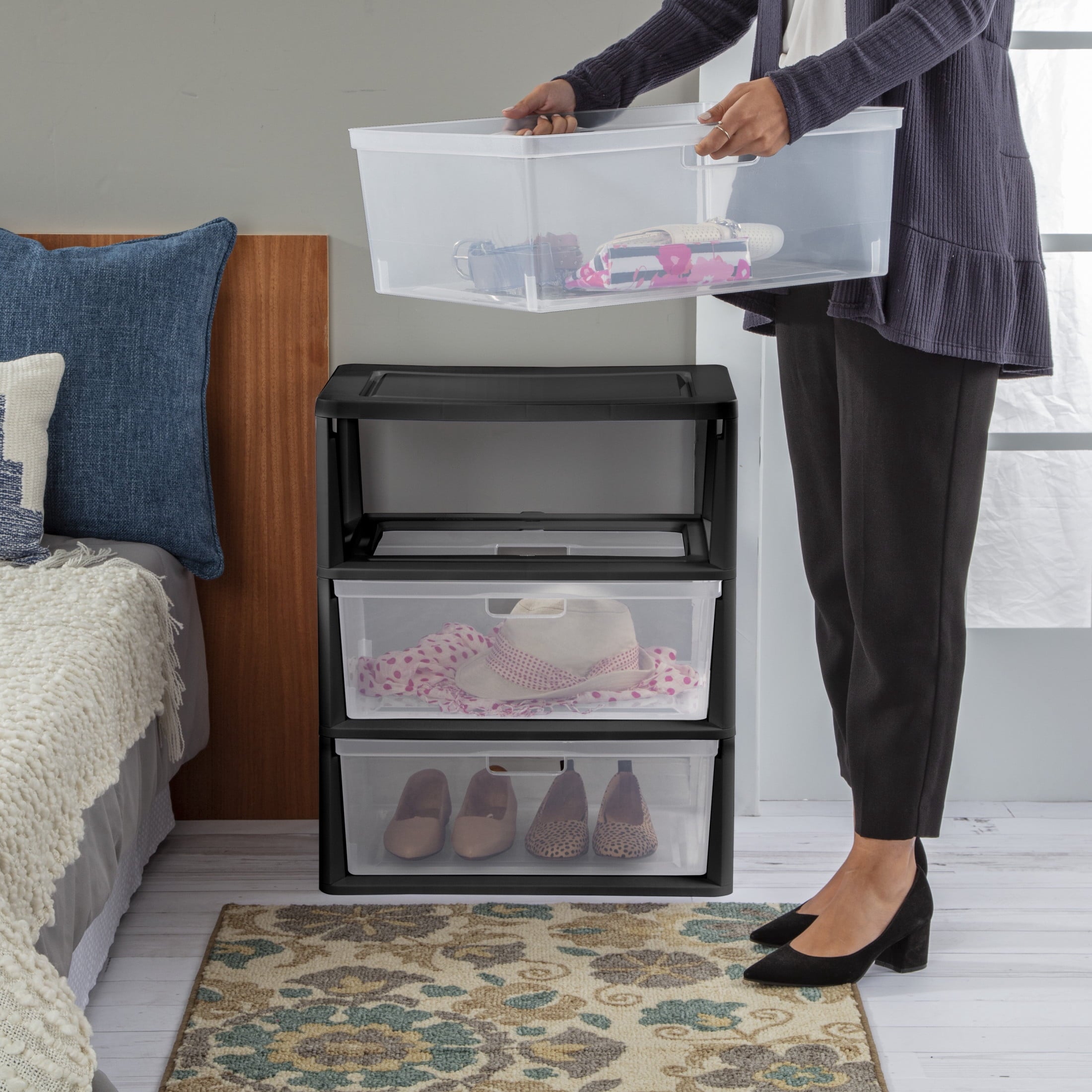 Sterilite Wide 3 Drawer Tower, Plastic Storage Organizer with Removable Clear Bins, Easy to Assemble - No Tools Needed, Black - Image 5