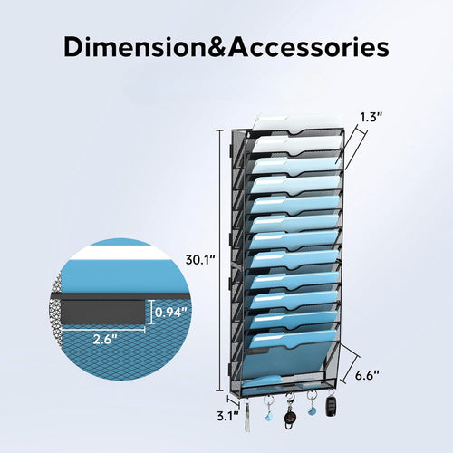 13-Tier Metal Hanging File Organizer with Hooks, Wall Mounted Paper Organizer, Screw Mount - Image 2