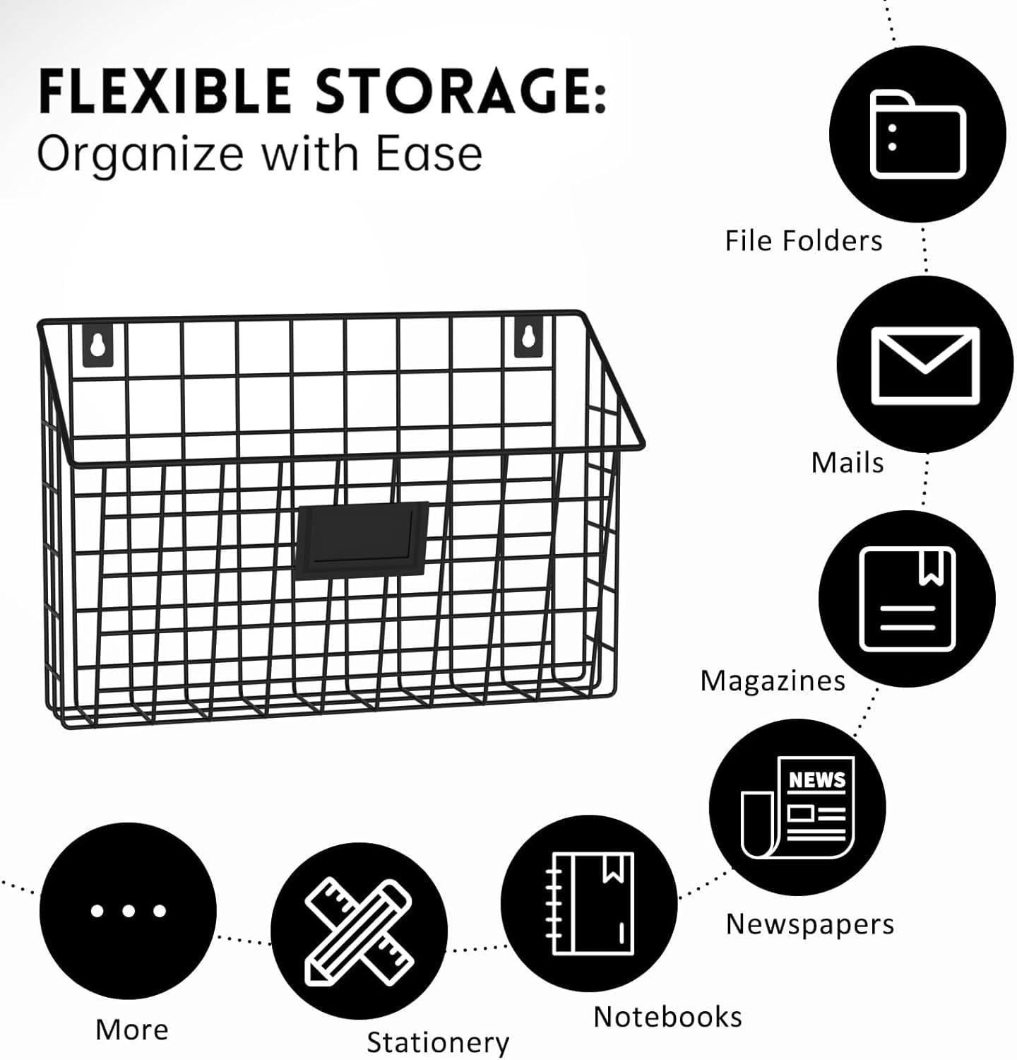 XCOSRACK 4-Tier Wall File Organizer, Hanging Metal Document Holder & Mail Sorter with Label Slots, Detachable Vertical Magazine Rack for Let - Image 3