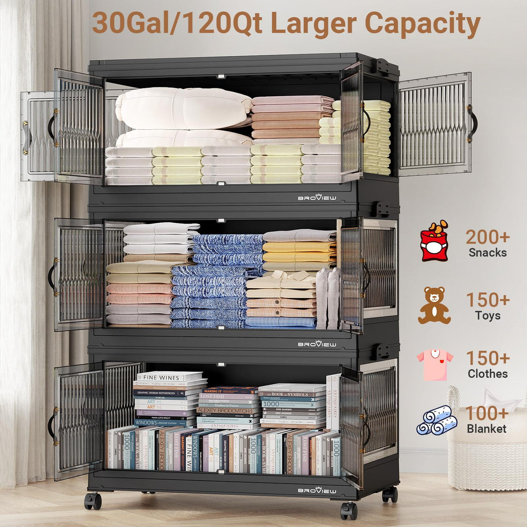90Gal Stackable Storage Bins with 3x Lids, Front and Side Open Doors, Collapsible Closet Organizer and Storage Cabine... - Image 2