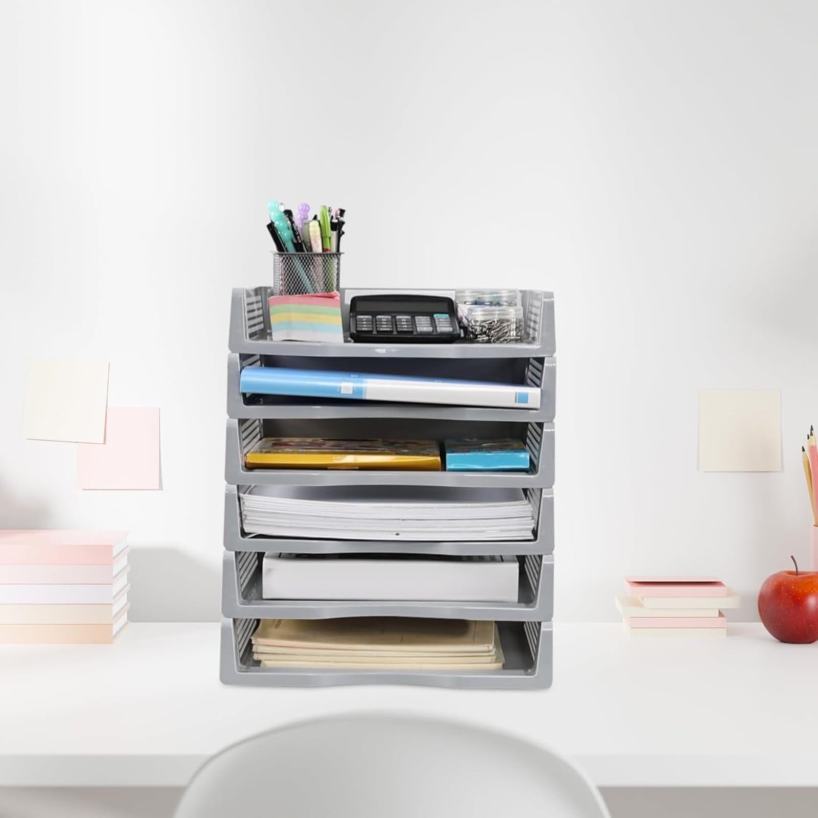 Stackable Vertical File Organizer, Black Laminated Plastic Desktop Document Tray, Paper Storage Rack For Home & Offic... - Image 6