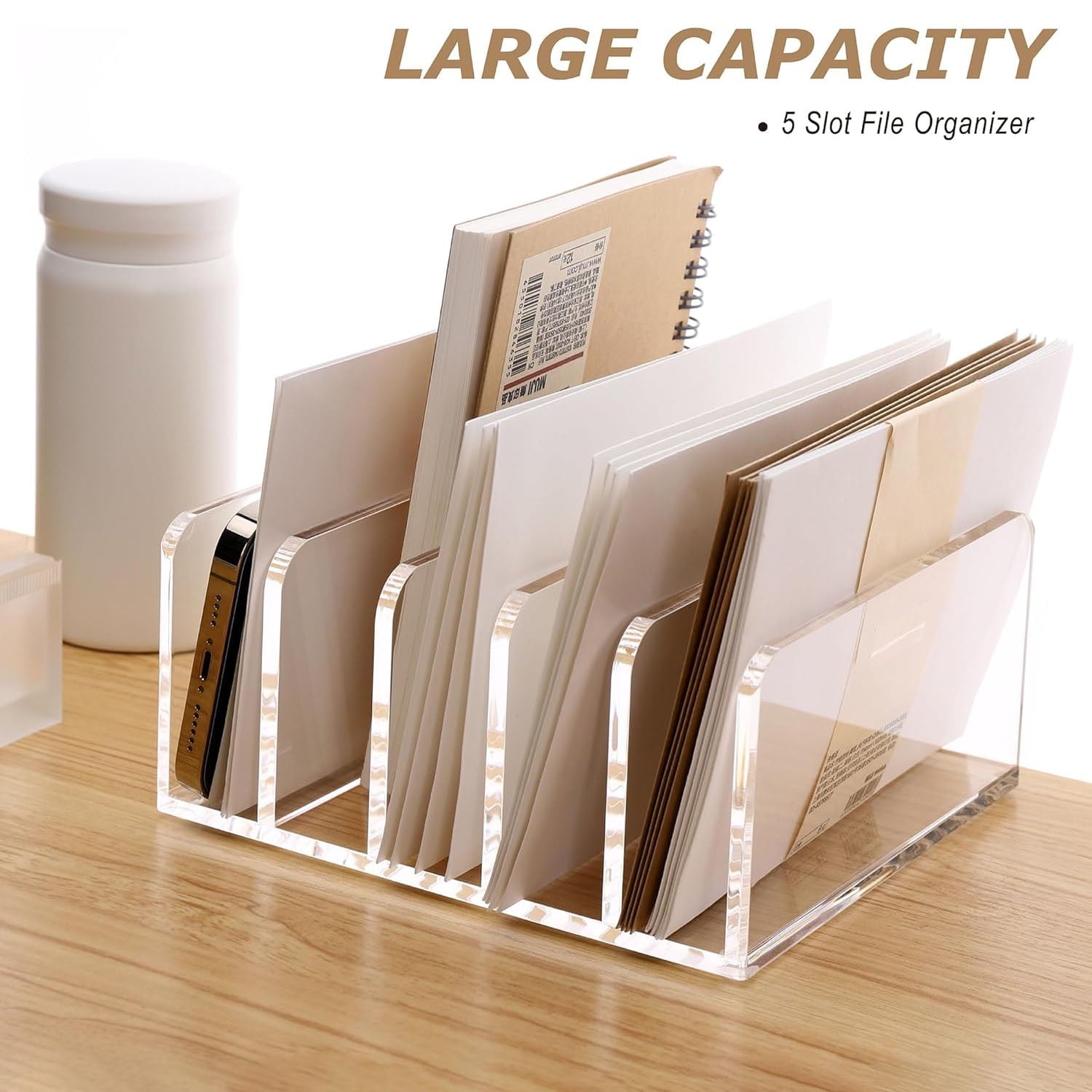 Acrylic Desk File Organizer Holder, 5 Upright Clear Desktop Mails Sorter Document Magazine Storage Organization Letter Folder Racks for Home - Image 6