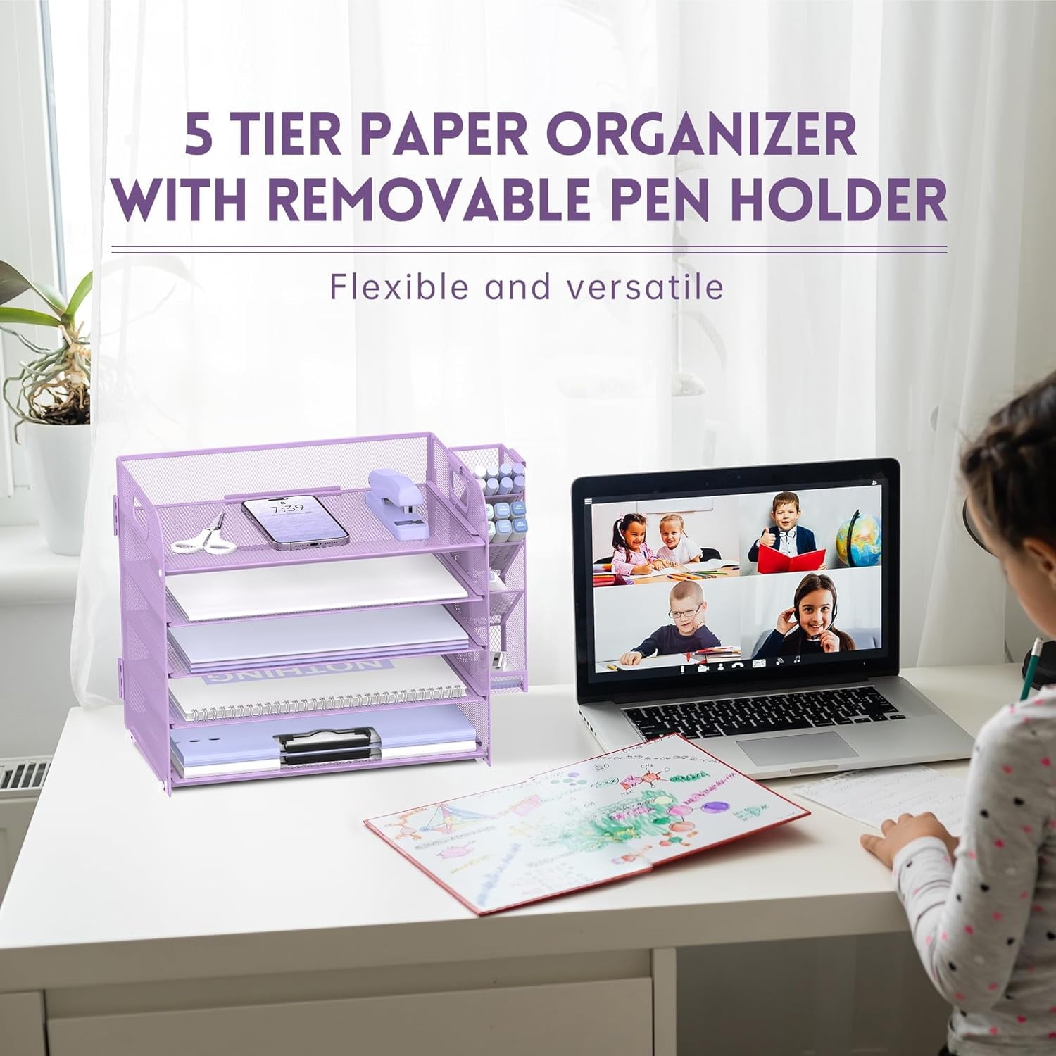 INTIGE 5-Tier Metal Mesh Desk Organizer with Handle & Removable Pen Holders, Purple, 1 Pcs - Image 5