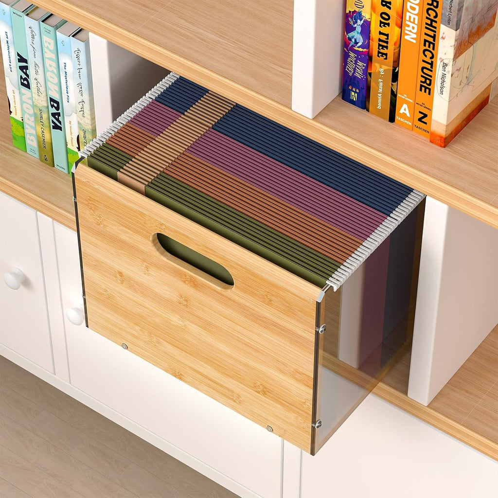 Bamboo Acrylic File Box Organizer, Hanging File Folder Storage Boxes, Decorative Document Crate Transparent Filing Bi... - Image 3