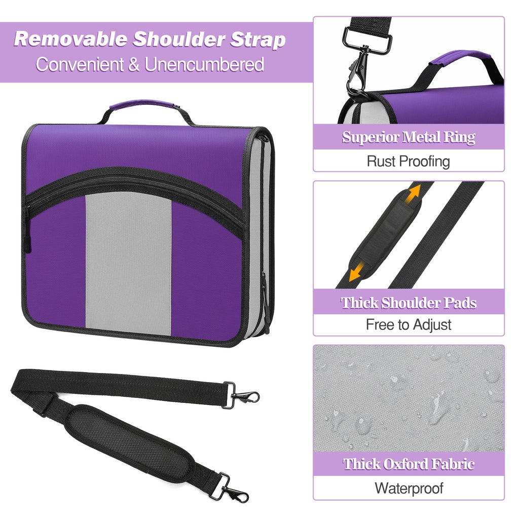 MoKo Zipper Binder 3 inch 3 Ring Binder, 600 Sheet Capacity Multi-Pocket School Binder Organizer with Handle and Shoulder Strap, Purple & Gr - Image 4