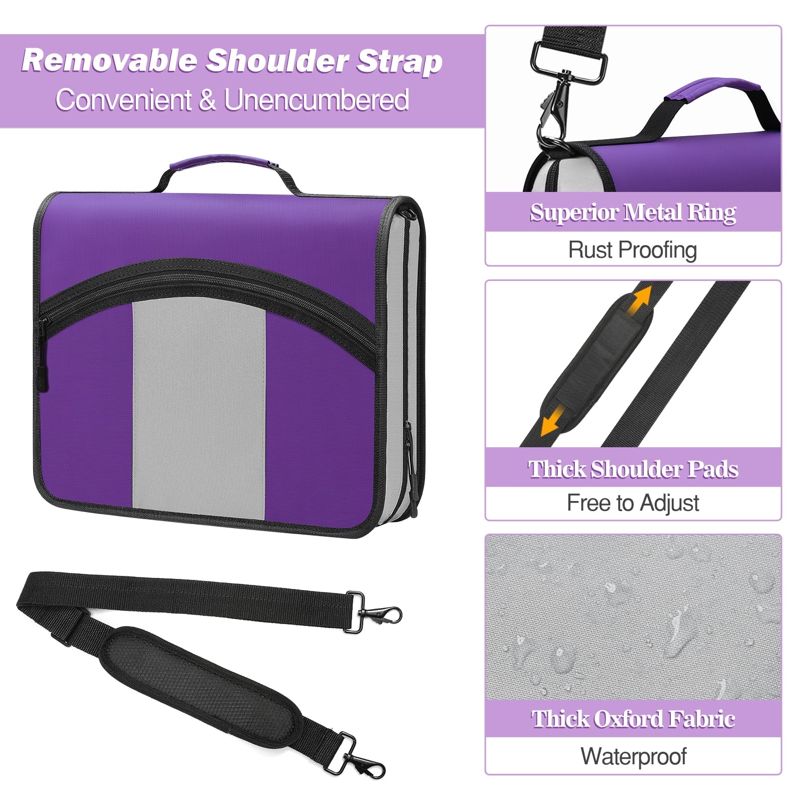 MoKo Zipper Binder 3 inch 3 Ring Binder, 600 Sheet Capacity Multi-Pocket School Binder Organizer with Handle and Shoulder Strap, Purple & Gr - Image 4