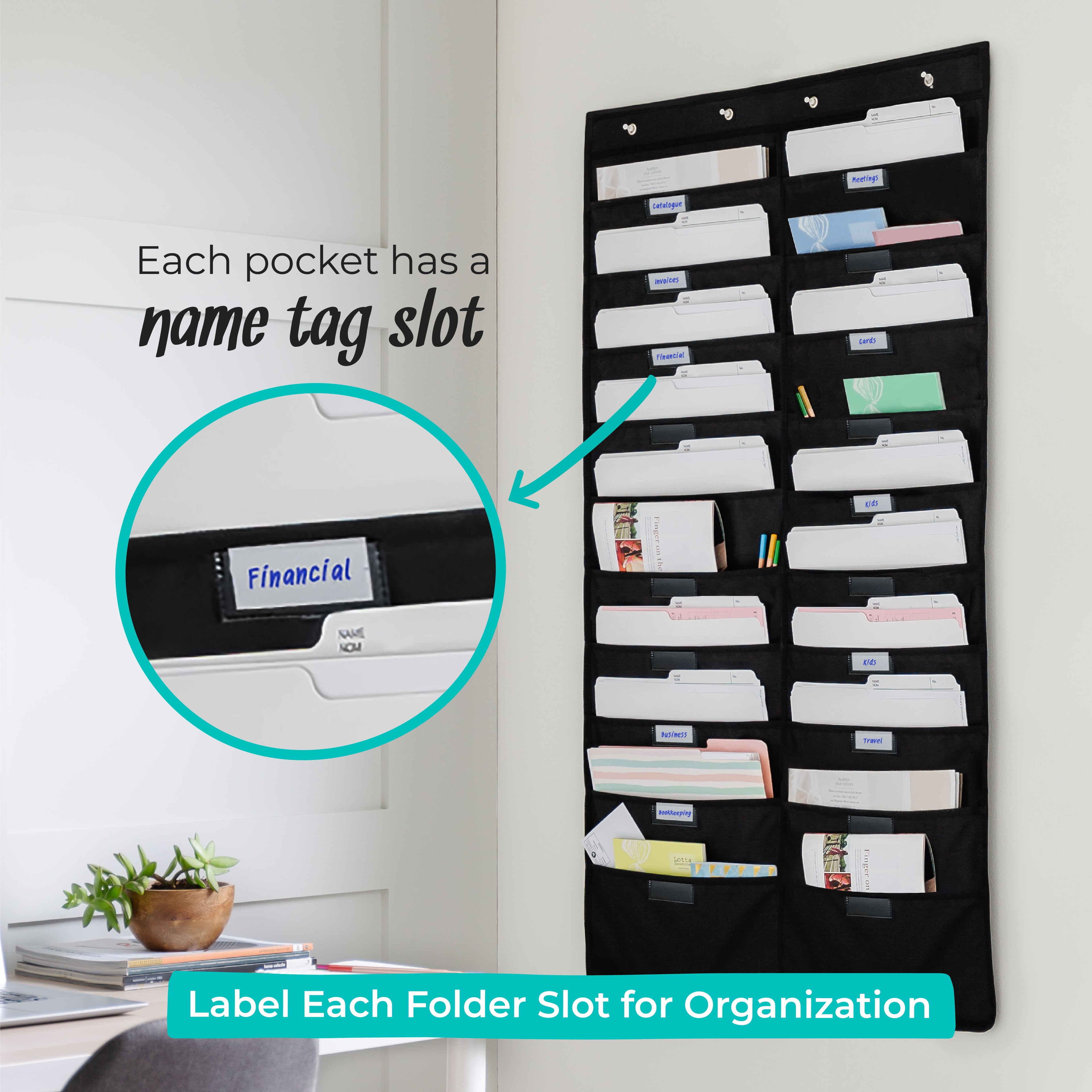 Hanging File Organizer | Black, Letter-Sized (20 Pockets - with Nametag) - Image 5