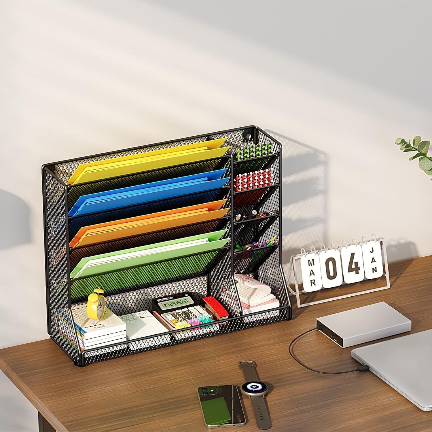 X-COSRACK 4-Tier Wall Mounted File Organizer, Adjustable Metal Mesh Paper Holder with Stable R-Shaped Base, Desktop Hanging Magazine Rack fo - Image 4