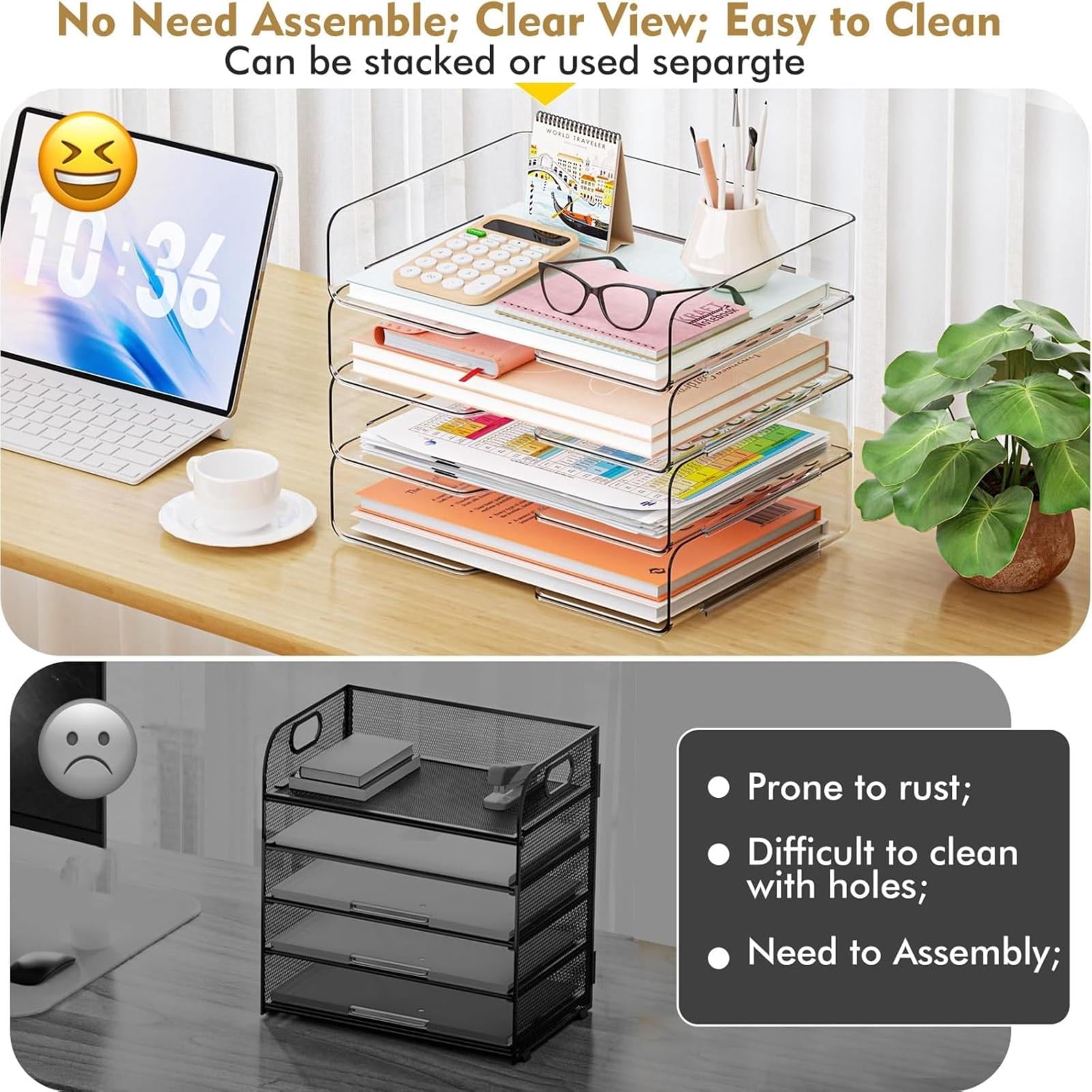 Clear 4-Tier Stackable Desk Organizer, Horizontal Paper File Tray, Desktop Document Sorter & Storage for Office, Home... - Image 3