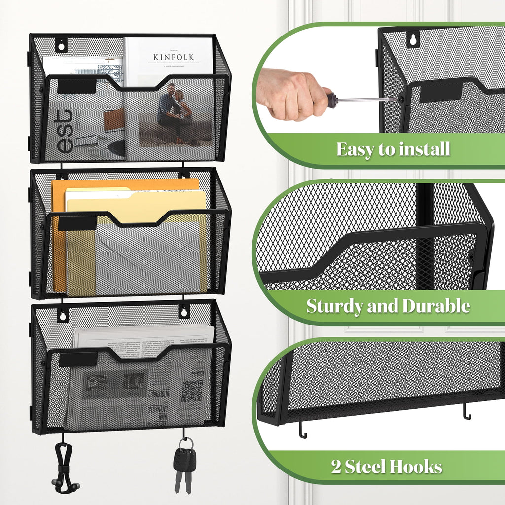 3 Pack Wall Mount File Holders, 12.6" Black Mesh Hanging File Folder Organizer with 2 Hooks, Easy Install Letter & Ma... - Image 3