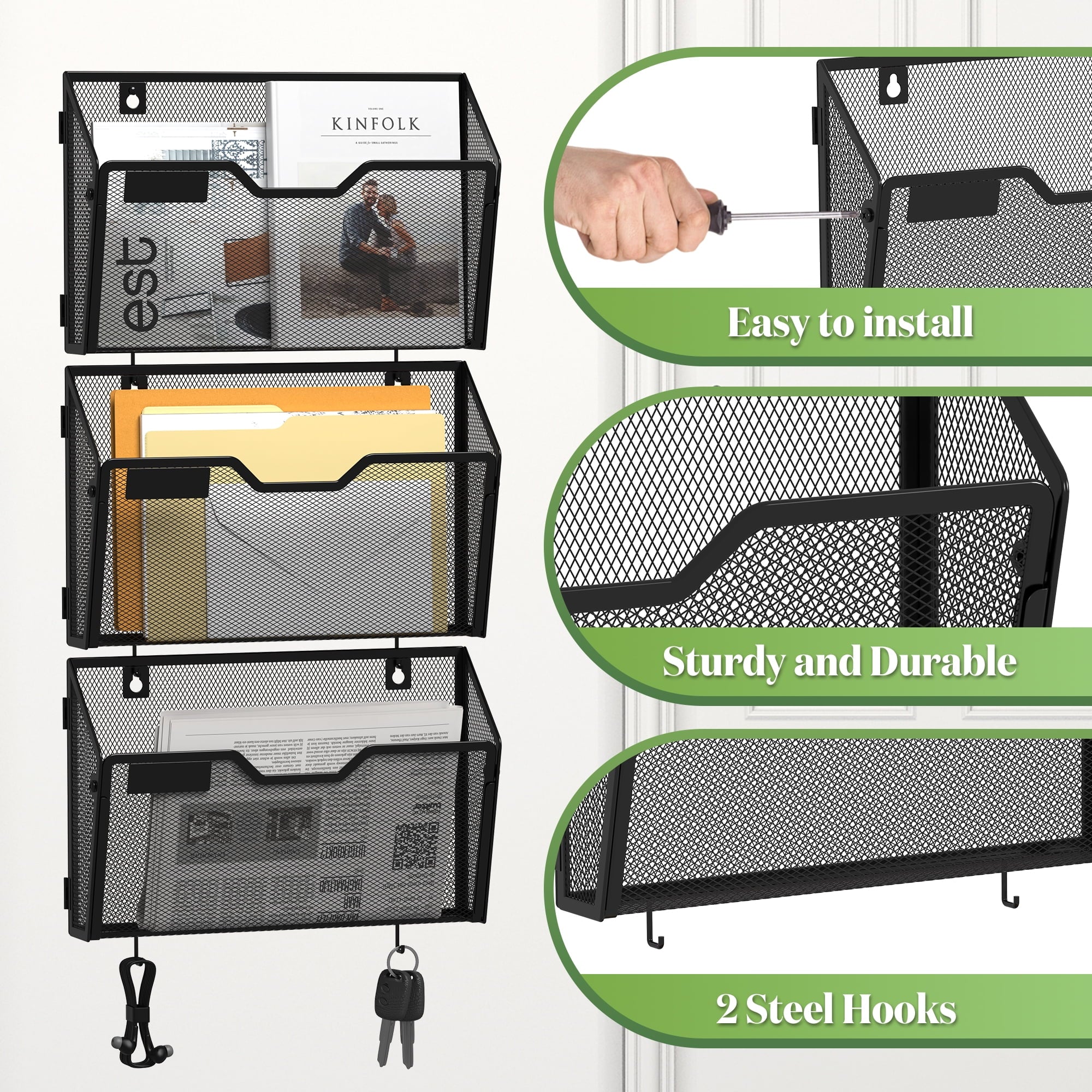 3 Pack Wall Mount File Holders, 12.6" Black Mesh Hanging File Folder Organizer with 2 Hooks, Easy Install Letter & Ma... - Image 3