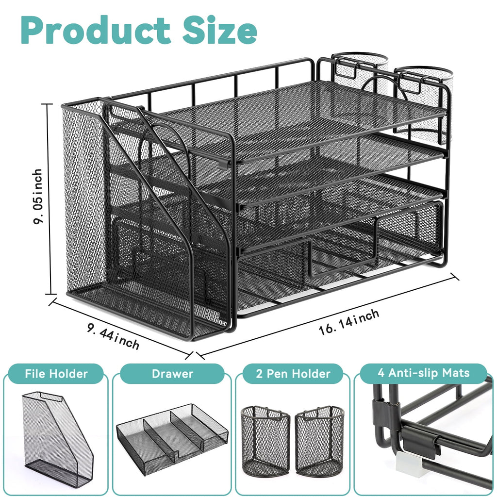 and Accessories, 4-Tier top File with Drawer and 2 Pen Holders, Office Accessories & Workspace s (Black) - Image 2