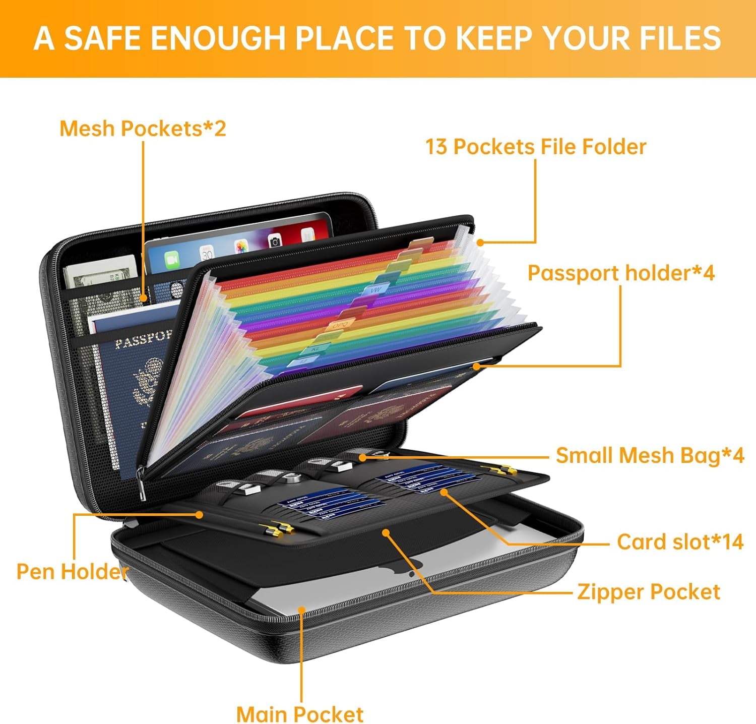 with Lock, Water Resistant Hard-Shell Case with 13 Pocket Accordion Folder, Portable Document for Letter A4 s Laptop ... - Image 5