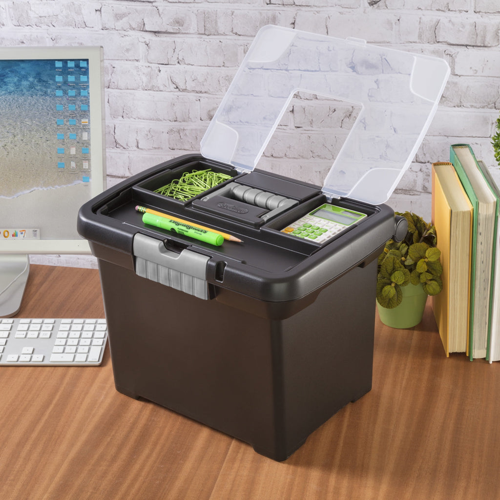 Portable File Box, Letter-Size Plastic File Storage Box with Handle and Divided Lid Storage Compartment, Black - Image 3