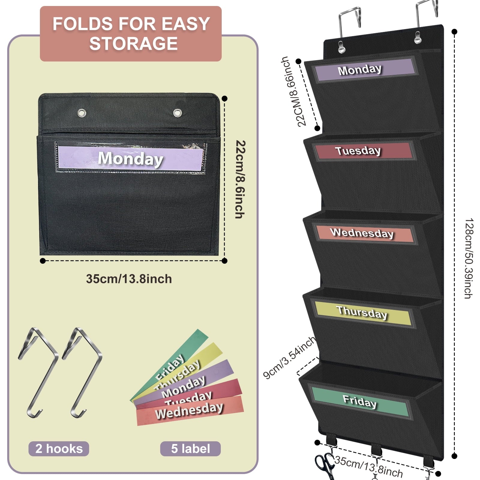 Weekly Over the Door File Organizer, Hanging File Folders Wall Organizer with 5 Large Pockets for Papers, Charts, Mai... - Image 3