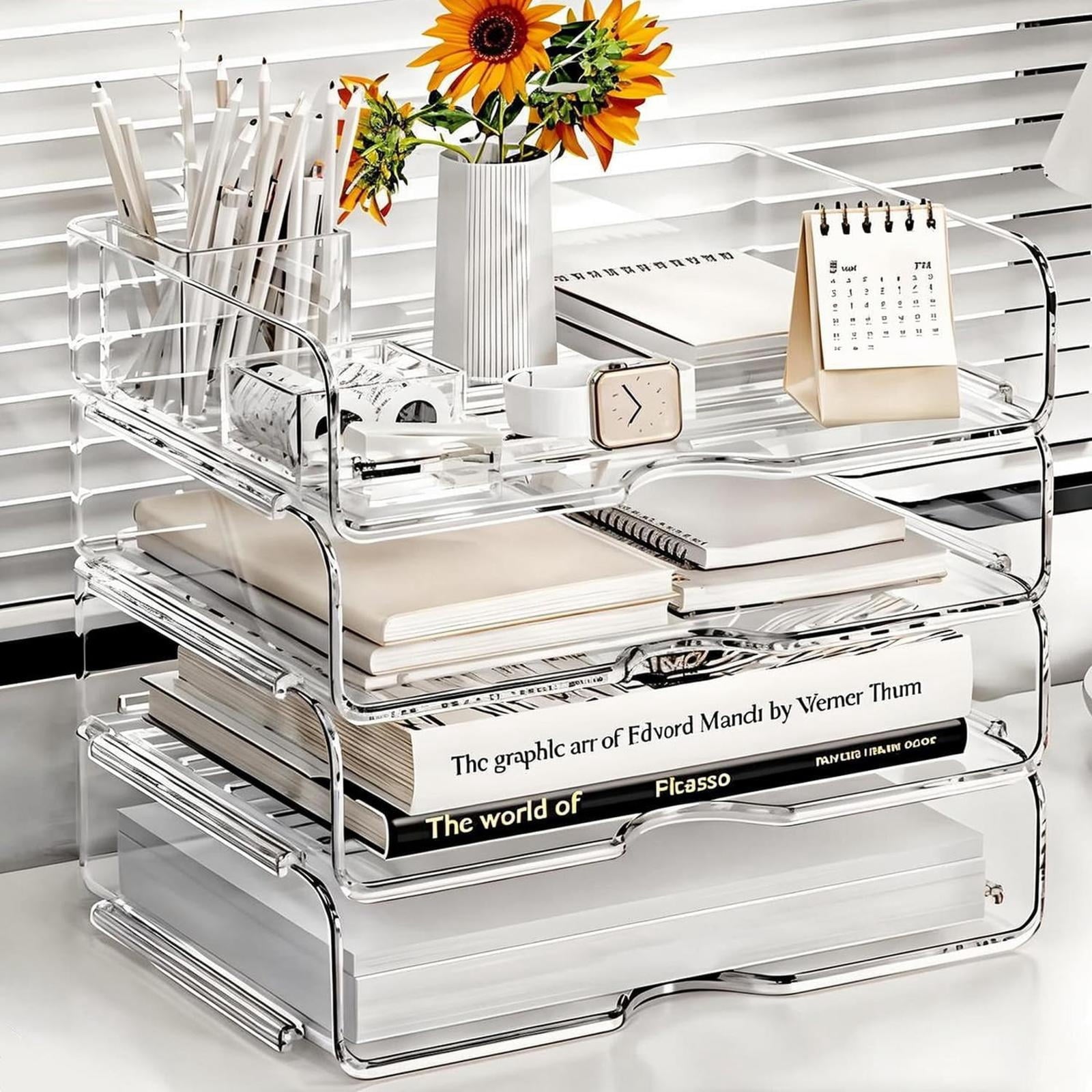 Clear 4-Tier Stackable Desk Organizer, Horizontal Paper File Tray, Desktop Document Sorter & Storage for Office, Home... - Image 5