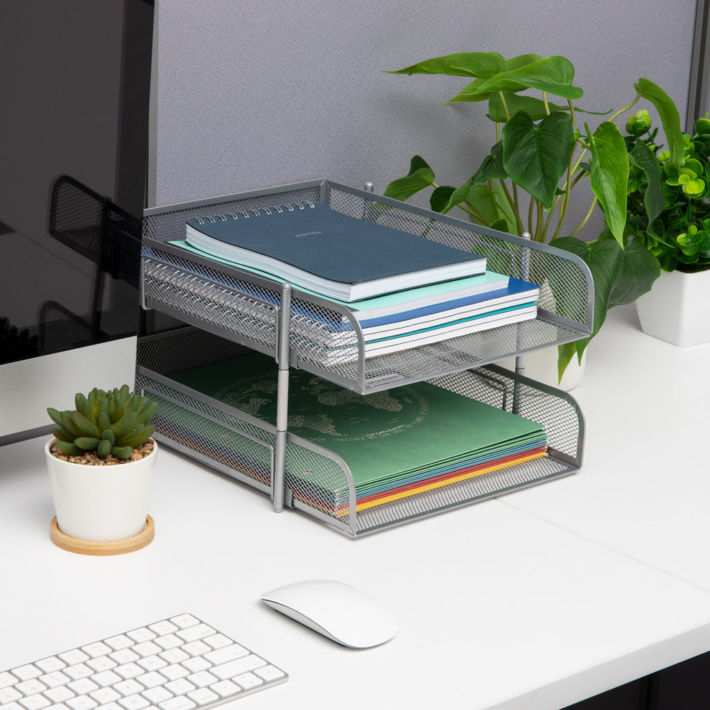 Stackable Paper Tray, Desktop Organizer, File Storage, Office, Metal Mesh, 2 Pcs, White - Image 2