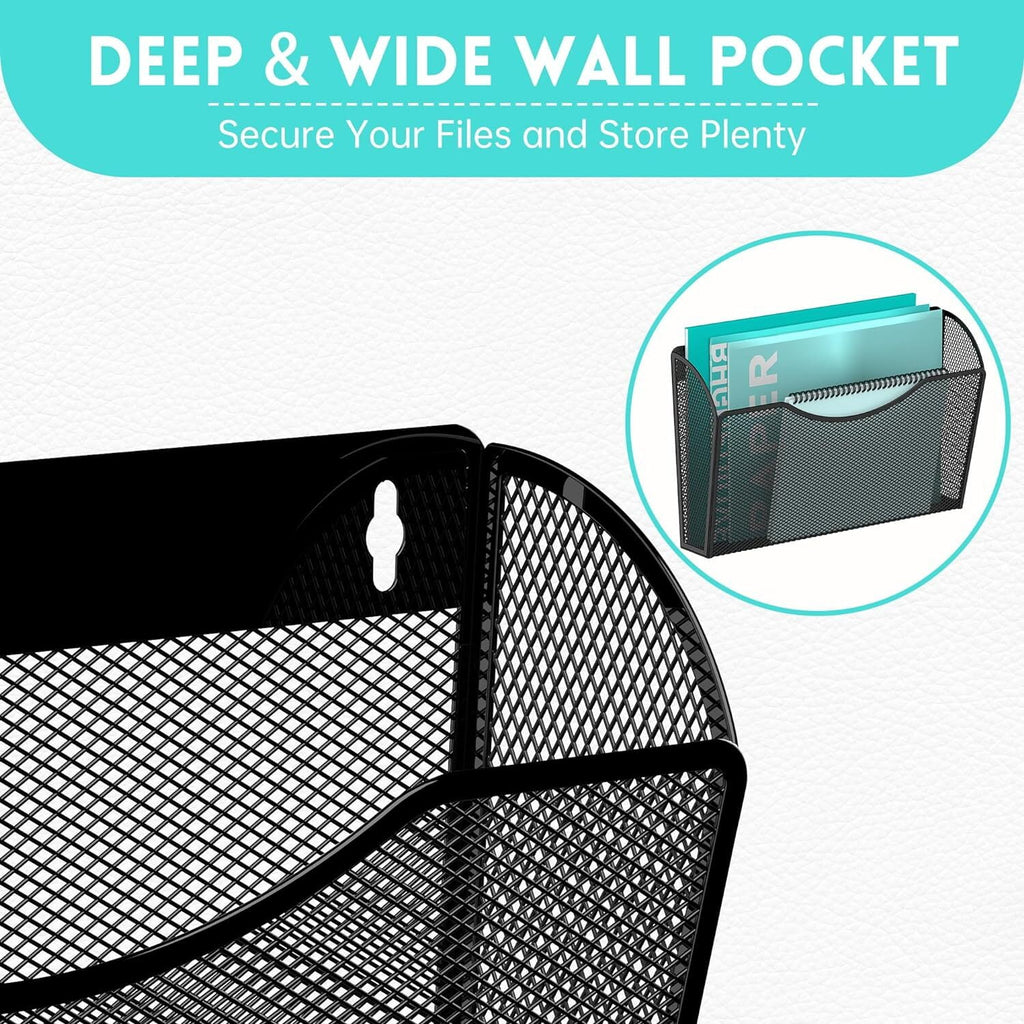 Wall Mount File Holder Mesh Single Pocket Hanging File Organizer Magazine Folder Basket ,Black - Image 3